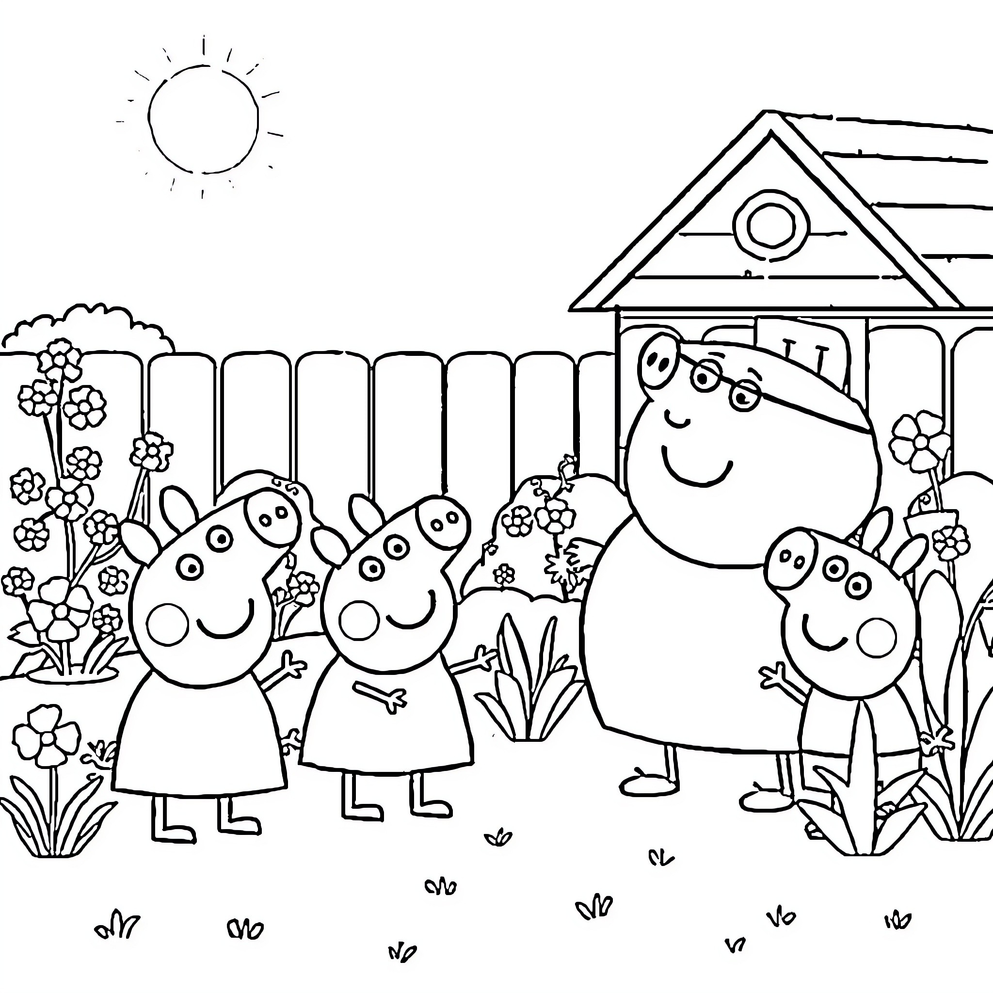 Peppa Pig and Family Having Fun in the Garden Coloring Page (free black-and-white line drawing printable PDF for all, from beginners to advanced learners, including children, teens, adults, and seniors)