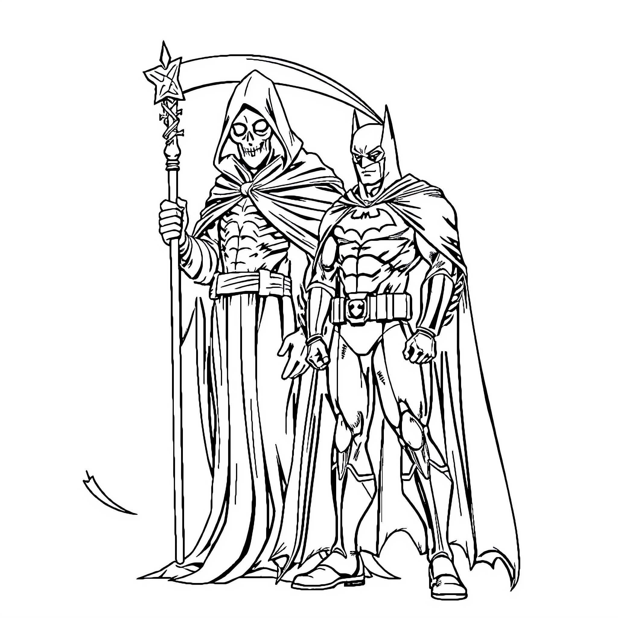 Grim Reaper and Batman in ominous confrontation Coloring Page (free black-and-white line drawing printable PDF for all, from beginners to advanced learners, including children, teens, adults, and seniors)