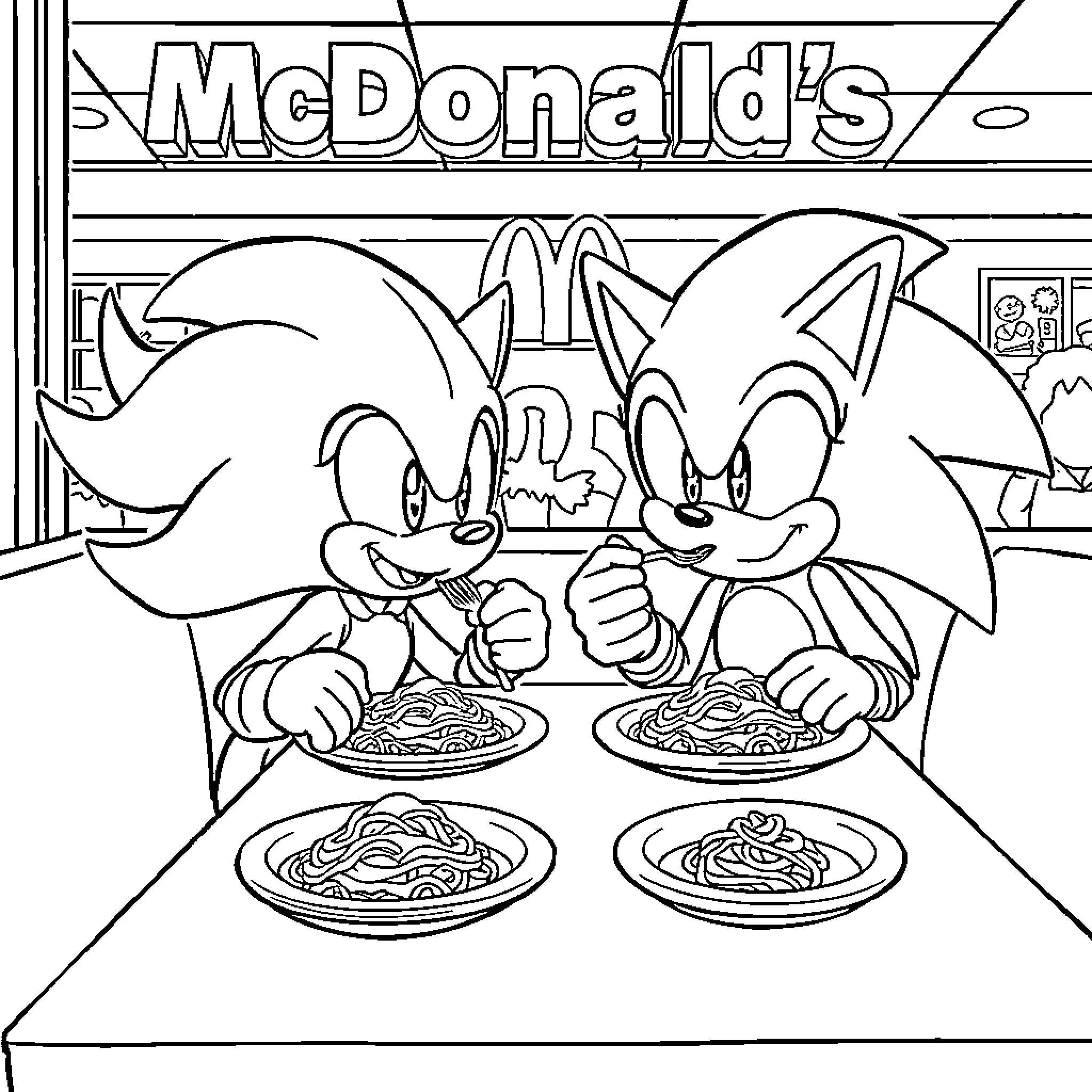 Sonic characters enjoying spaghetti at McDonald's Coloring Page (free black-and-white line drawing printable PDF for all, from beginners to advanced learners, including children, teens, adults, and seniors)
