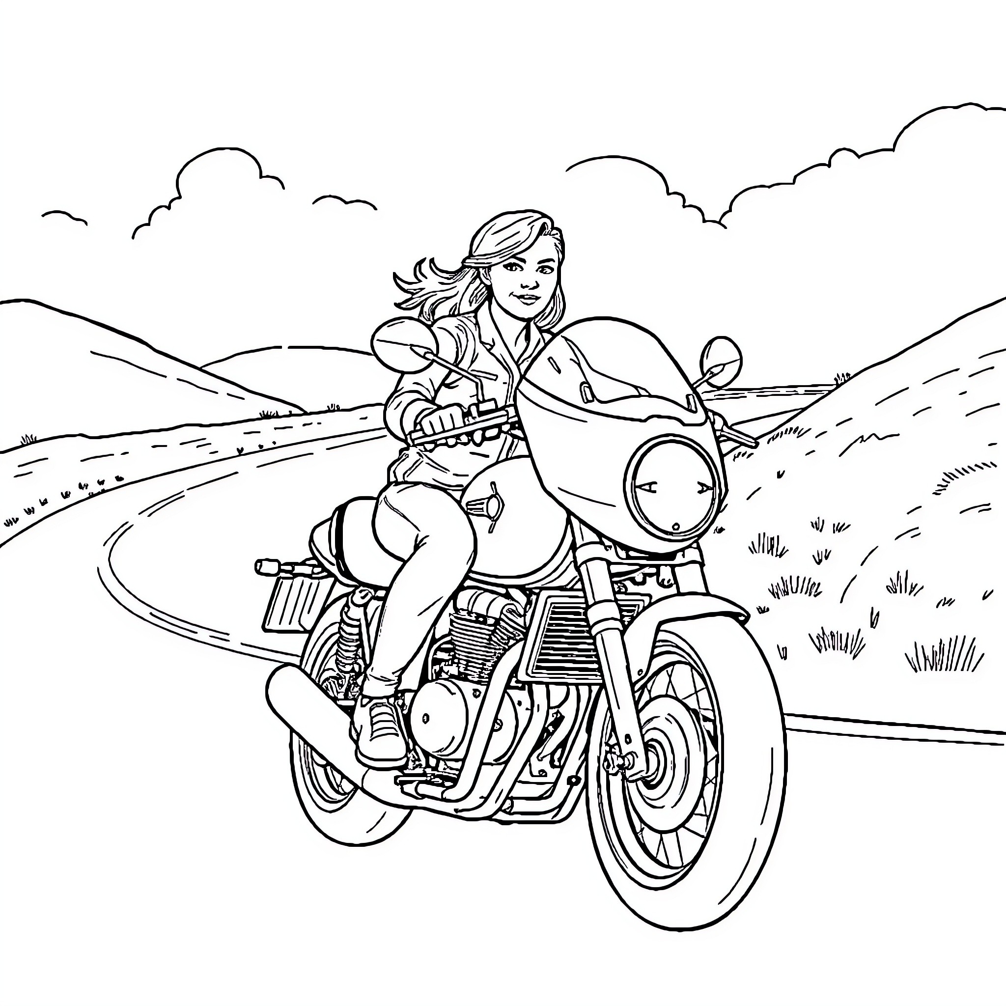Greta Thunberg riding a motorcycle through the countryside Coloring Page (free black-and-white line drawing printable PDF for all, from beginners to advanced learners, including children, teens, adults, and seniors)