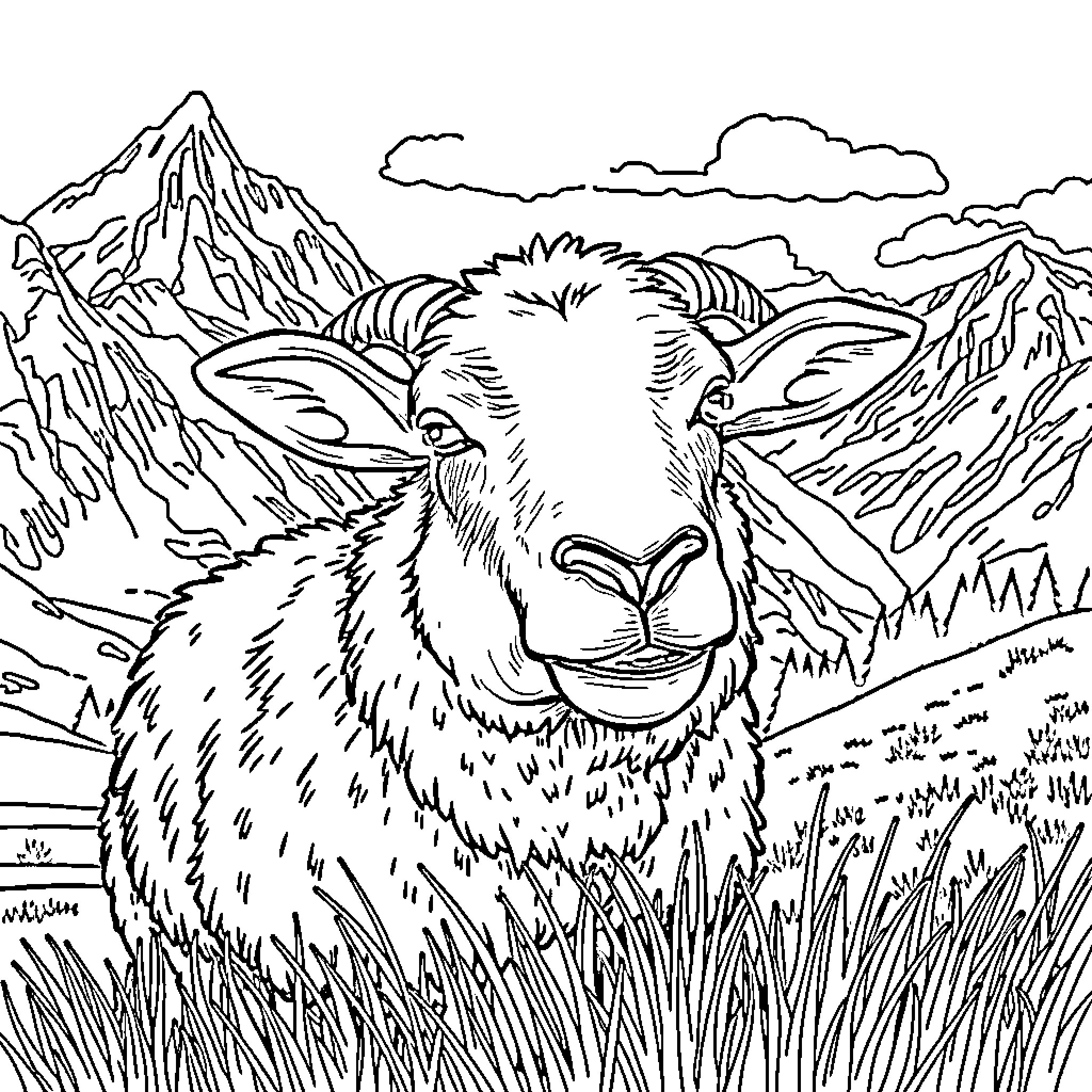Sheep resting amidst mountain scenery Coloring Page (free black-and-white line drawing printable PDF for all, from beginners to advanced learners, including children, teens, adults, and seniors)