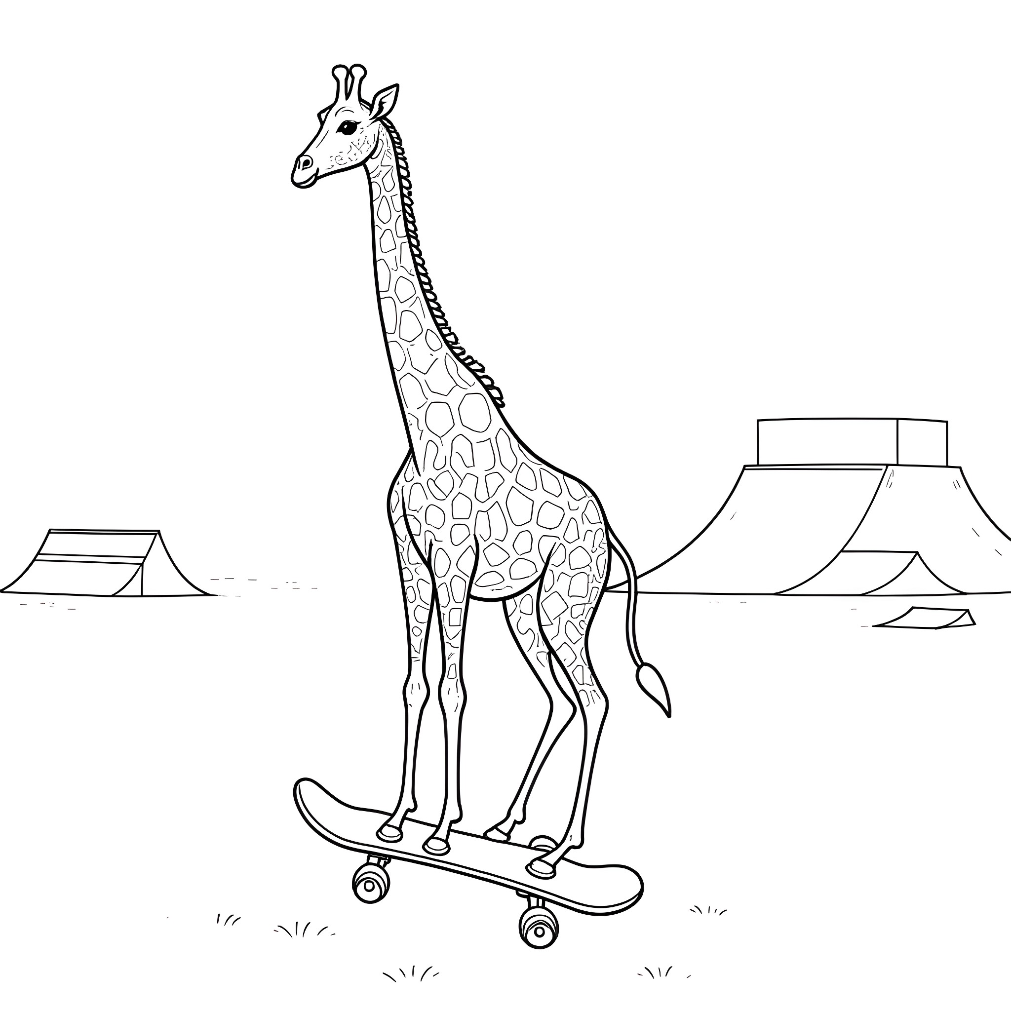 Giraffe riding a skateboard in the desert Coloring Page (free black-and-white line drawing printable PDF for all, from beginners to advanced learners, including children, teens, adults, and seniors)