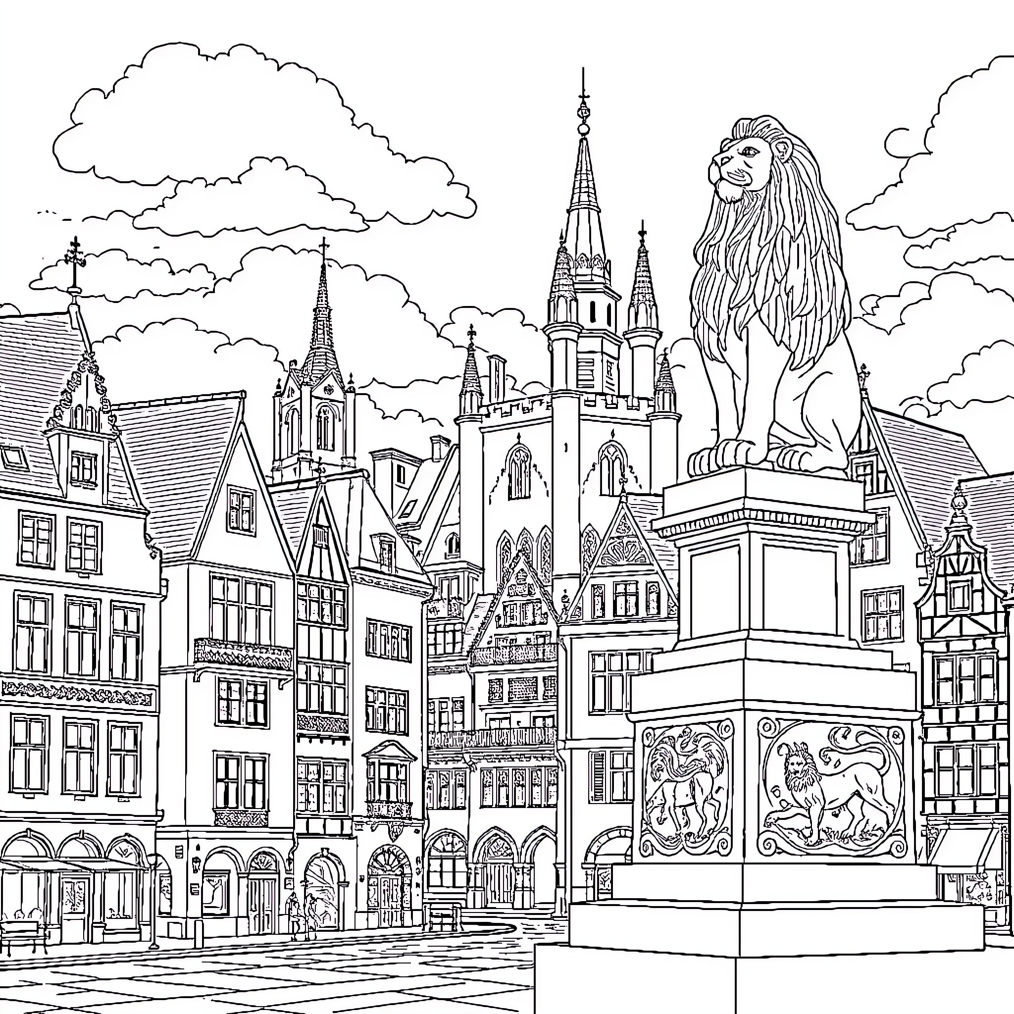Belfort's Architectural Wonders and Legendary Lion Statue Coloring Page (free black-and-white line drawing printable PDF for all, from beginners to advanced learners, including children, teens, adults, and seniors)