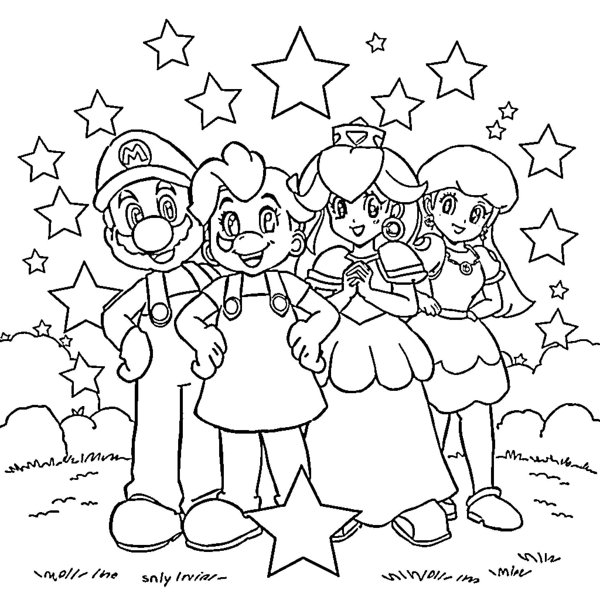 Mario and Friends Celebrating Under the Stars Coloring Page (free black-and-white line drawing printable PDF for all, from beginners to advanced learners, including children, teens, adults, and seniors)