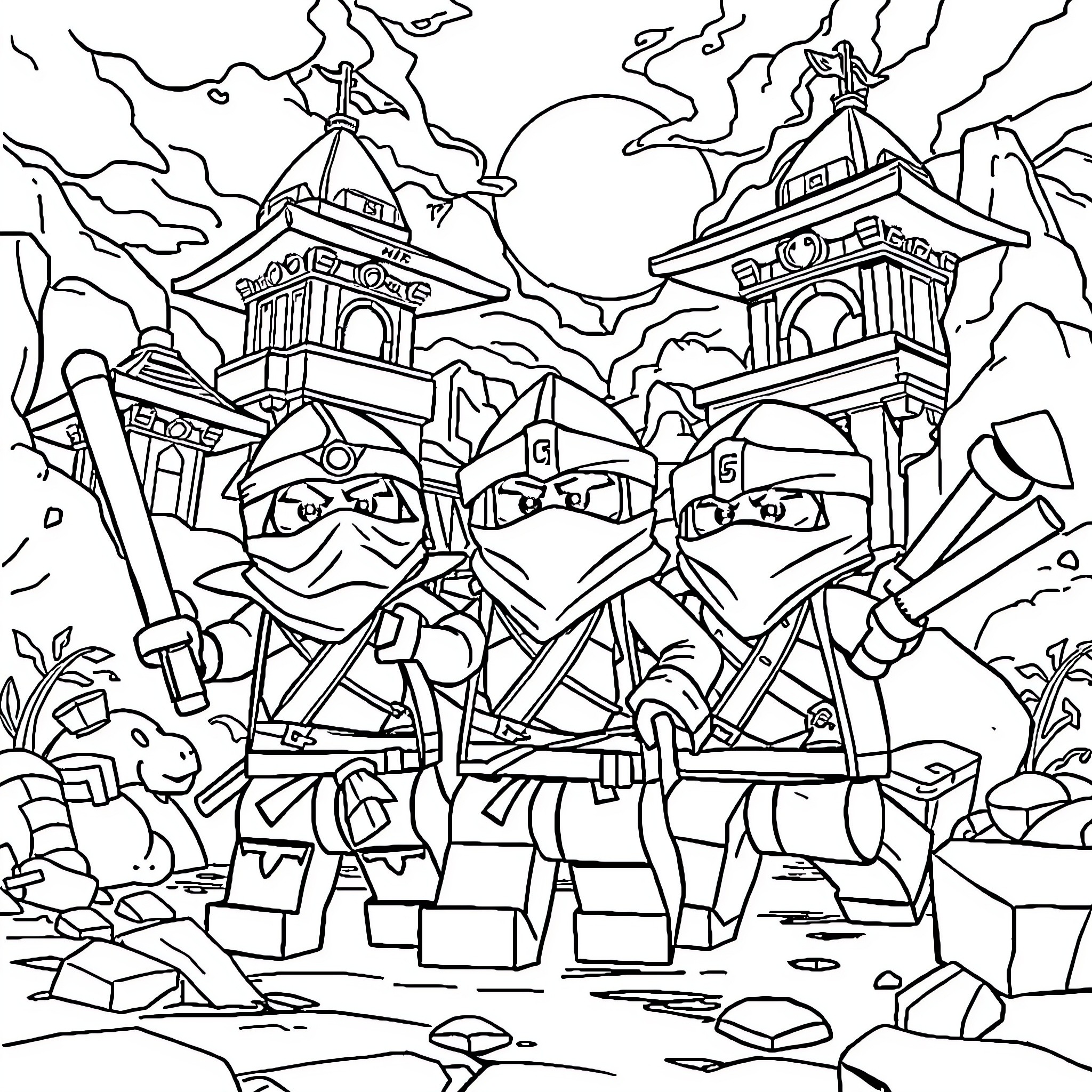 Ninjago warriors in an epic battle scene Coloring Page (free black-and-white line drawing printable PDF for all, from beginners to advanced learners, including children, teens, adults, and seniors)