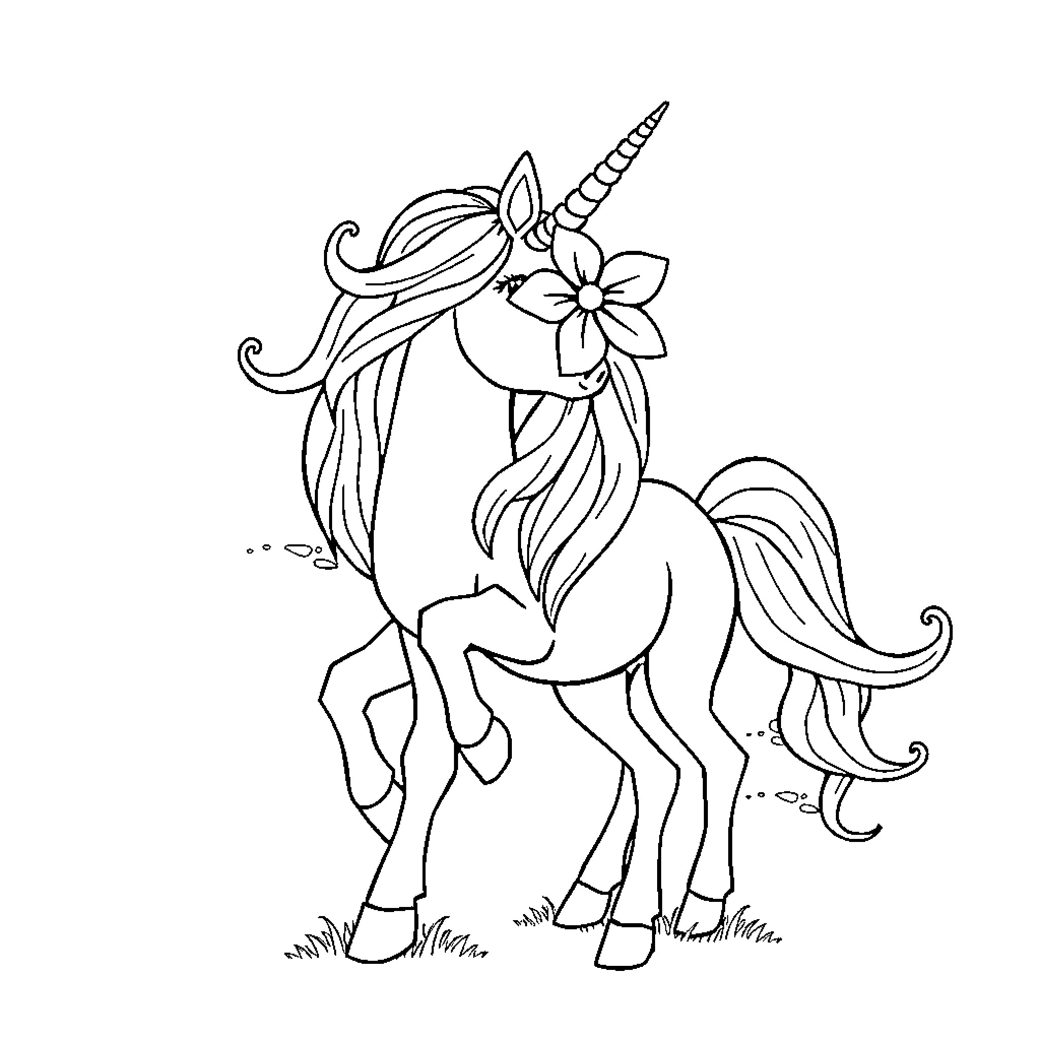 Unicorn with floral headpiece dancing gracefully Coloring Page (free black-and-white line drawing printable PDF for all, from beginners to advanced learners, including children, teens, adults, and seniors)