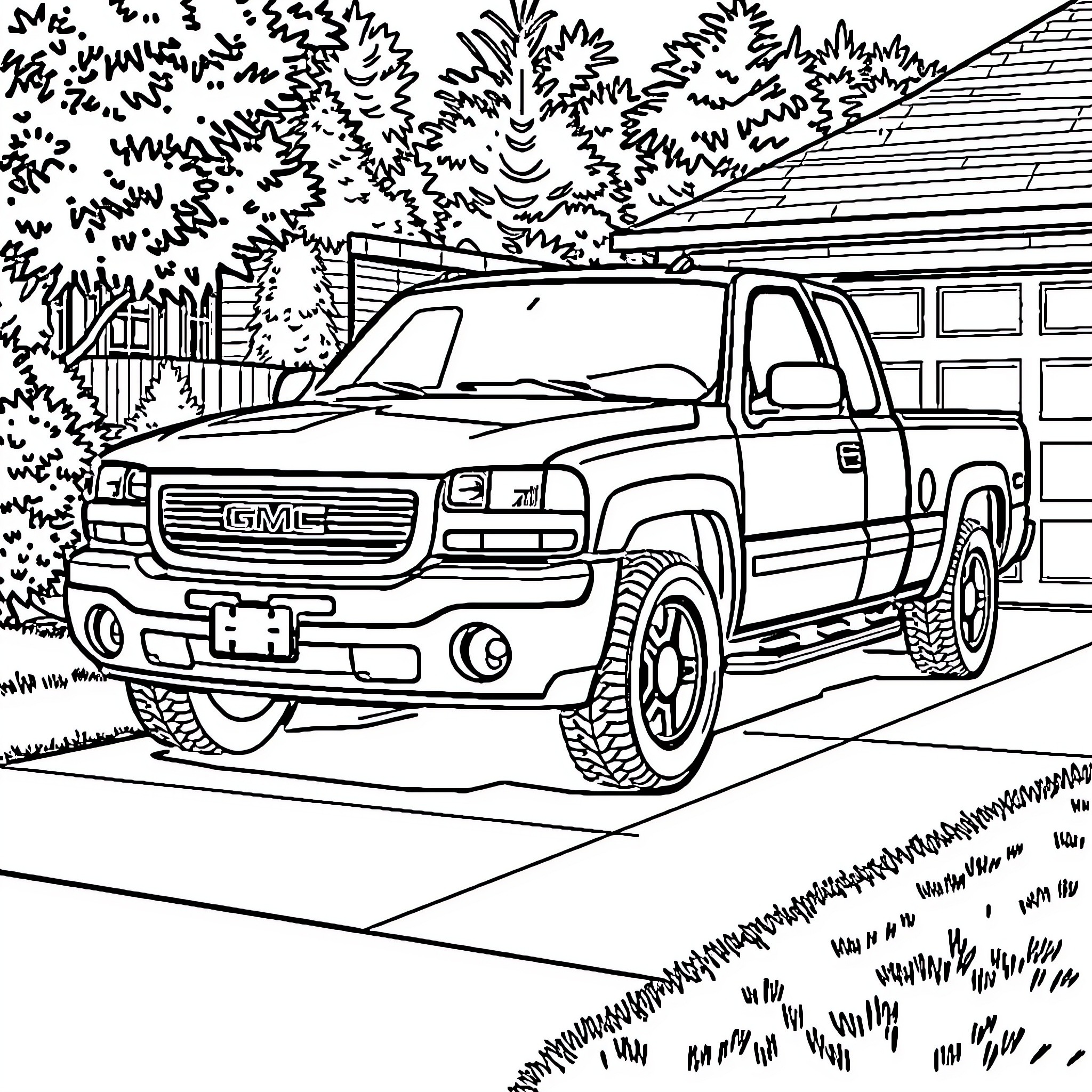 GMC Sierra truck parked in front of a house Coloring Page (free black-and-white line drawing printable PDF for all, from beginners to advanced learners, including children, teens, adults, and seniors)