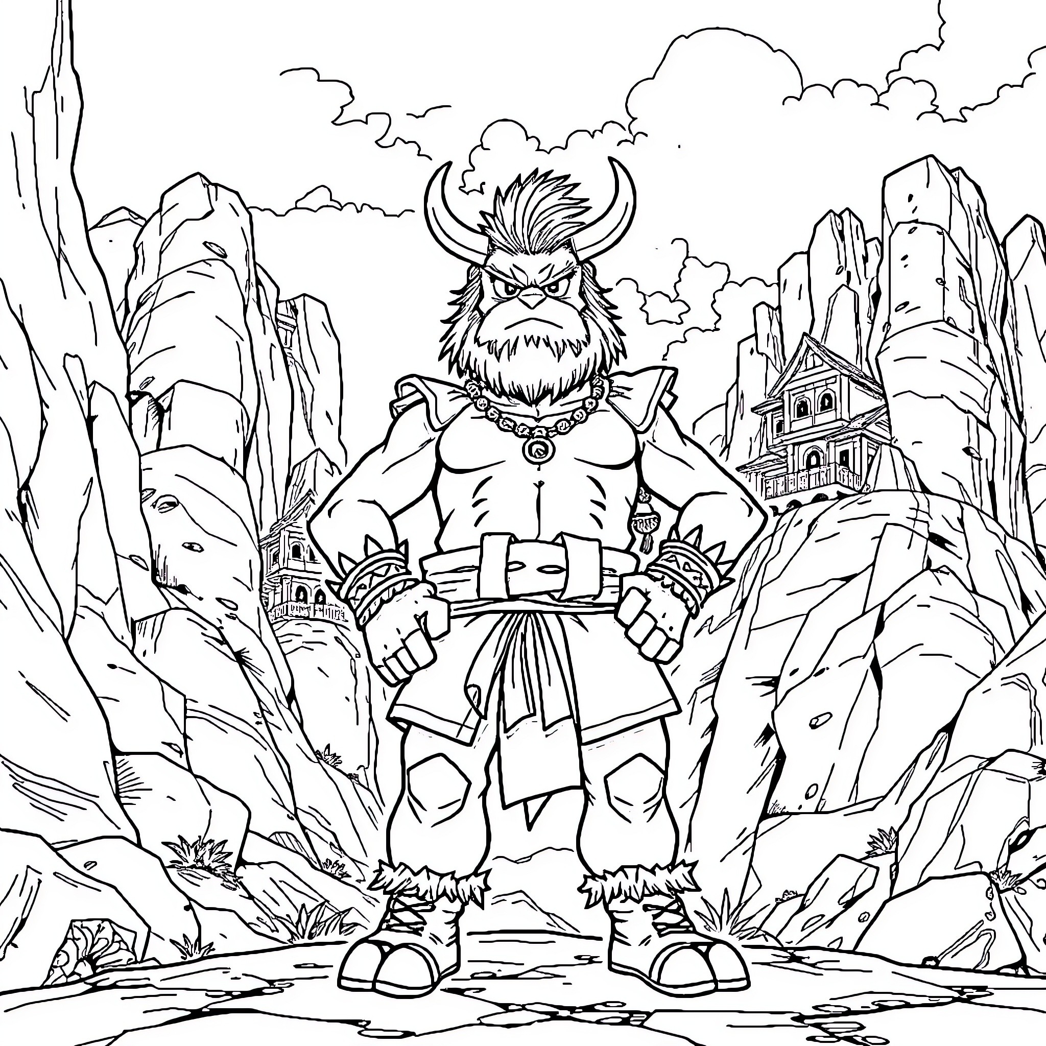 Yunobo in a Rugged Mountainous Landscape Coloring Page (free black-and-white line drawing printable PDF for all, from beginners to advanced learners, including children, teens, adults, and seniors)