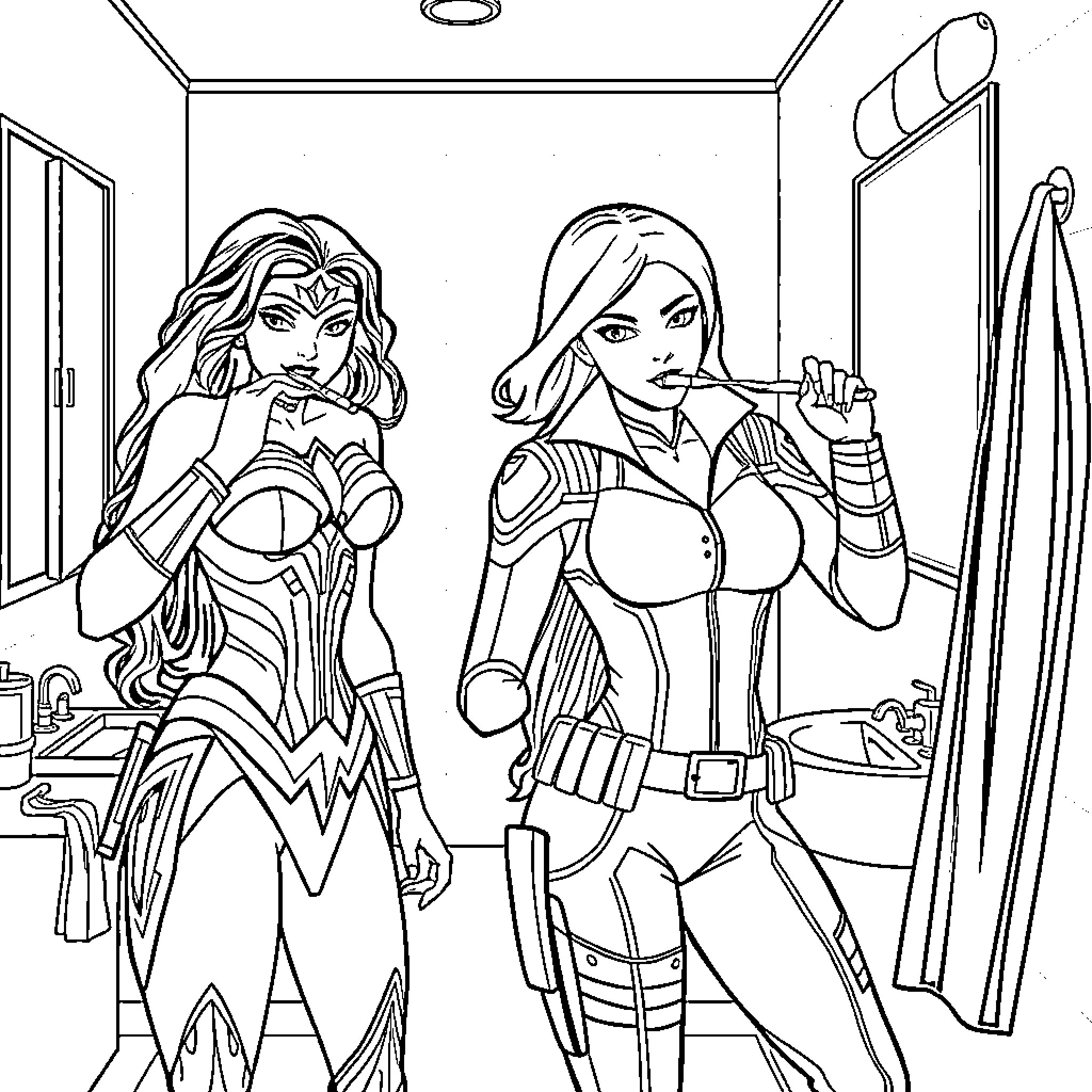 Wonder Woman and Captain Marvel in Action Coloring Page (free black-and-white line drawing printable PDF for all, from beginners to advanced learners, including children, teens, adults, and seniors)