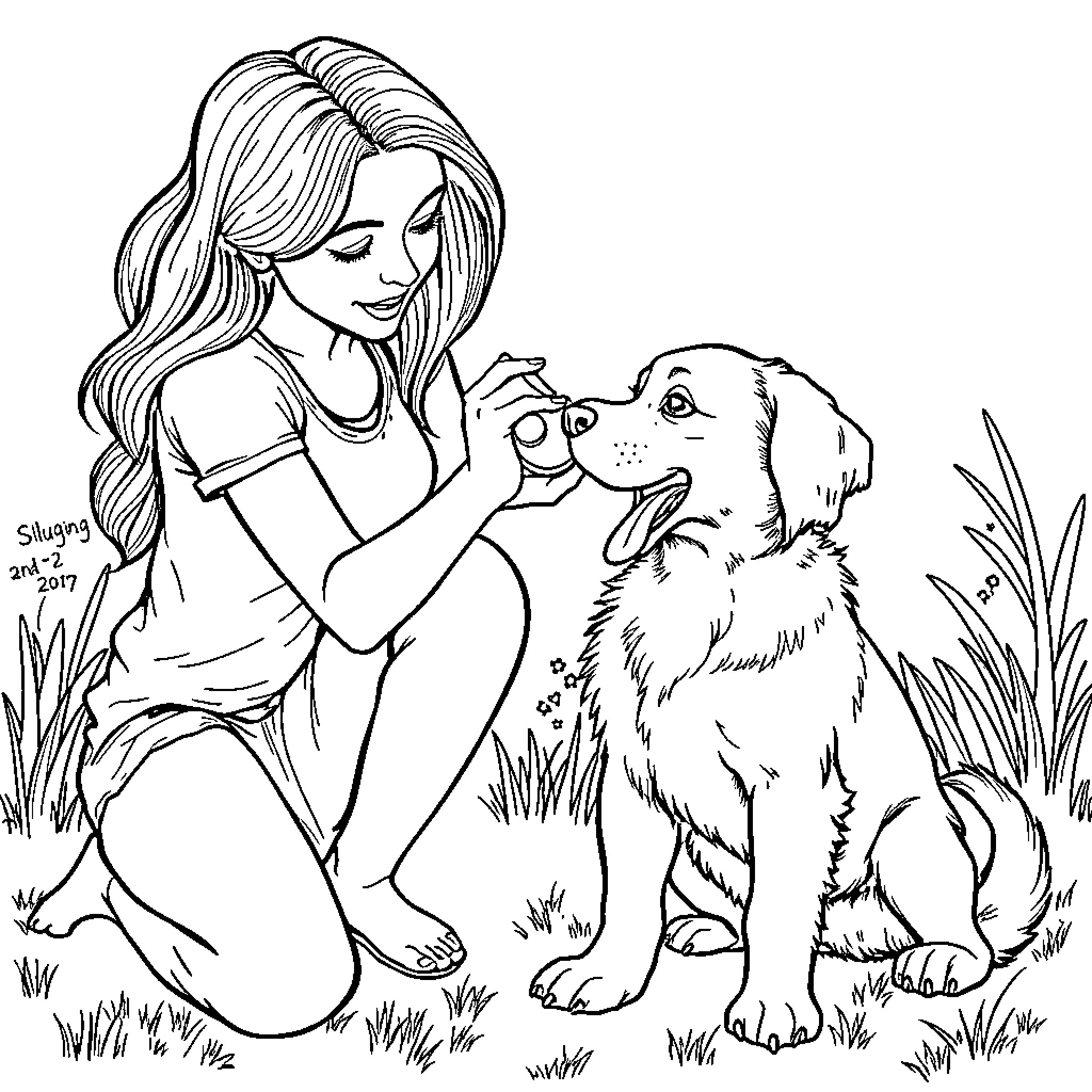 Woman playing with friendly dog in grassy field Coloring Page (free black-and-white line drawing printable PDF for all, from beginners to advanced learners, including children, teens, adults, and seniors)