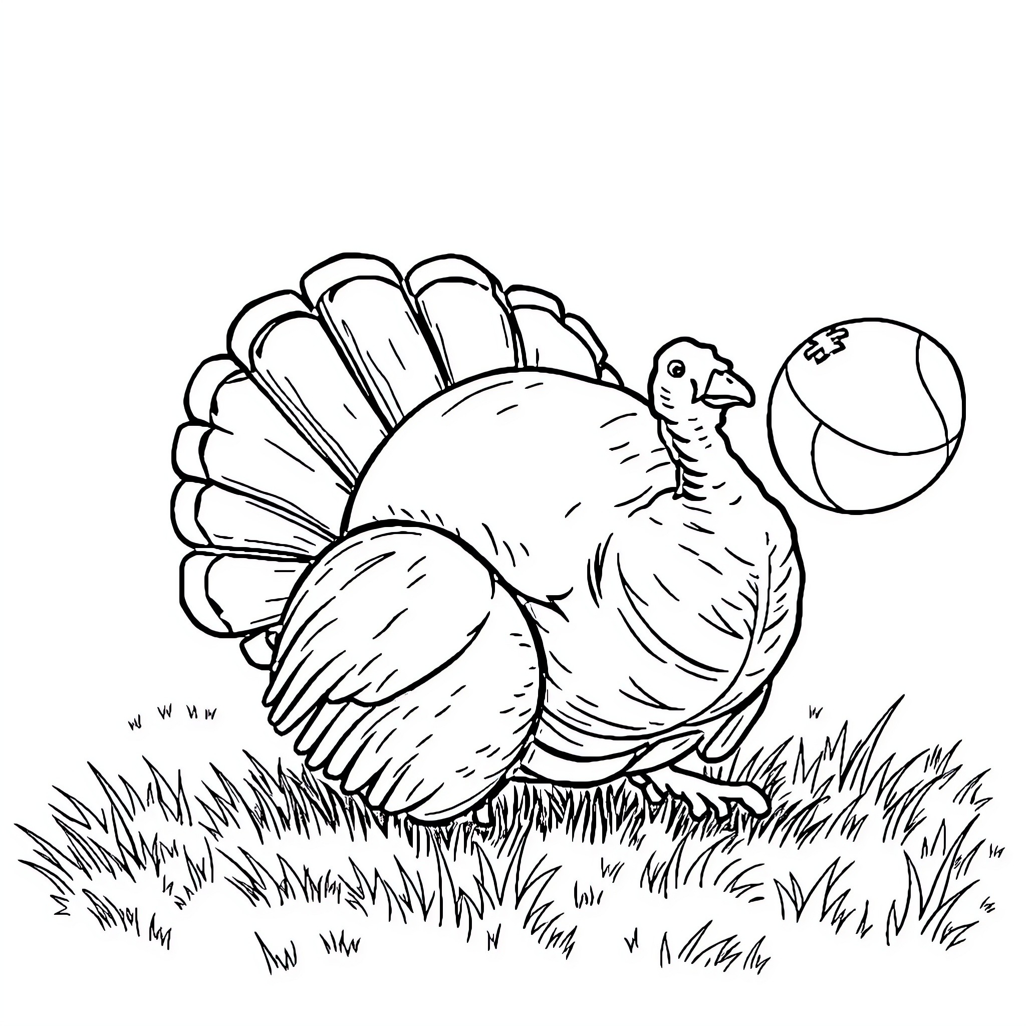 Turkey strutting proudly in the field Coloring Page (free black-and-white line drawing printable PDF for all, from beginners to advanced learners, including children, teens, adults, and seniors)