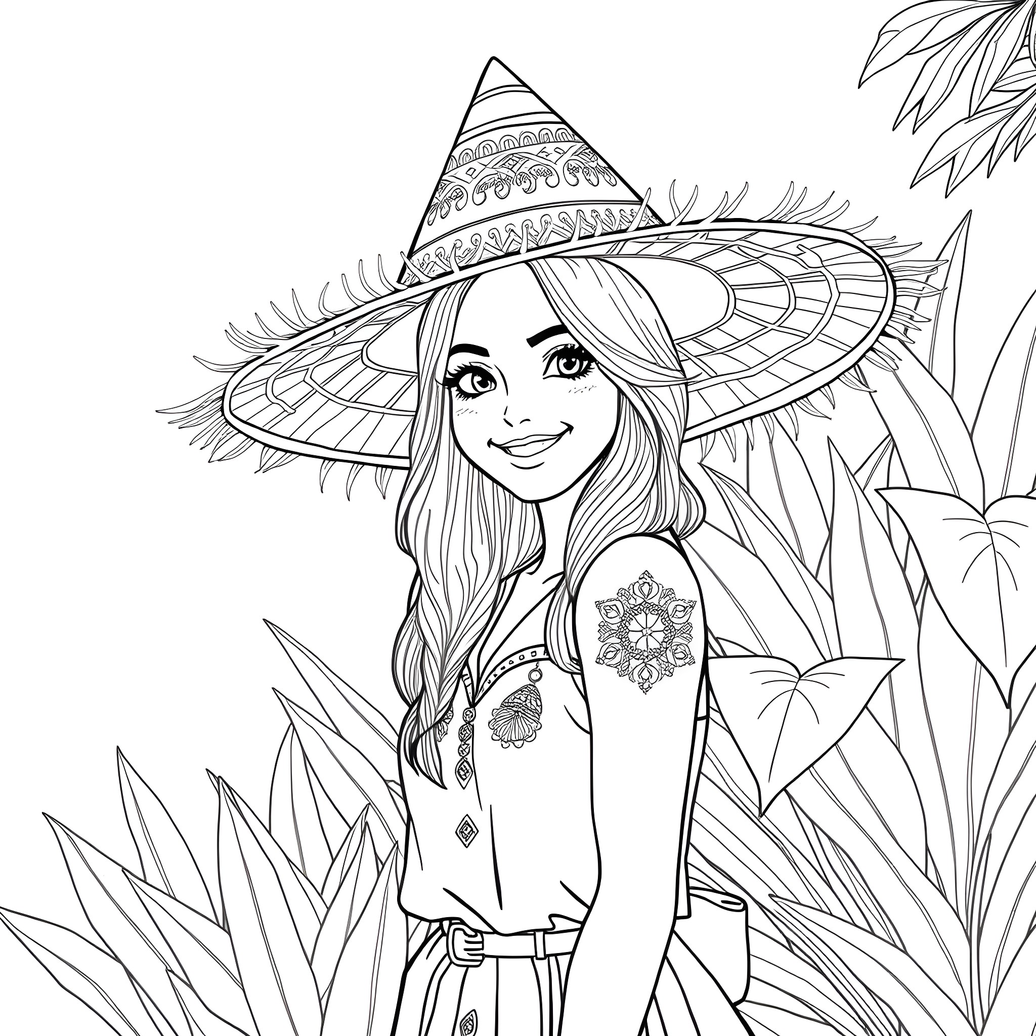 Hat-wearing girl in a tropical forest setting Coloring Page (free black-and-white line drawing printable PDF for all, from beginners to advanced learners, including children, teens, adults, and seniors)