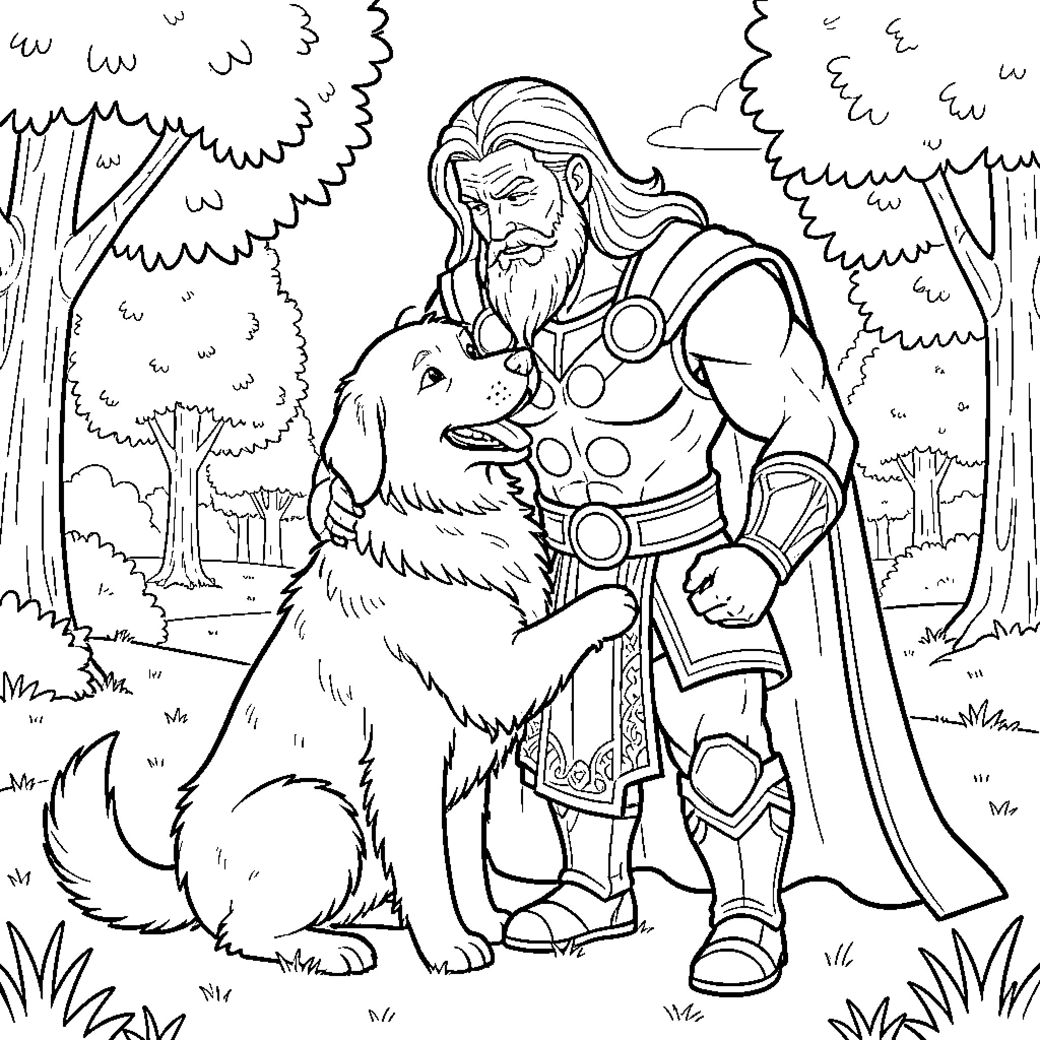 Thor Interacting Warmly with His Loyal Companion Coloring Page (free black-and-white line drawing printable PDF for all, from beginners to advanced learners, including children, teens, adults, and seniors)