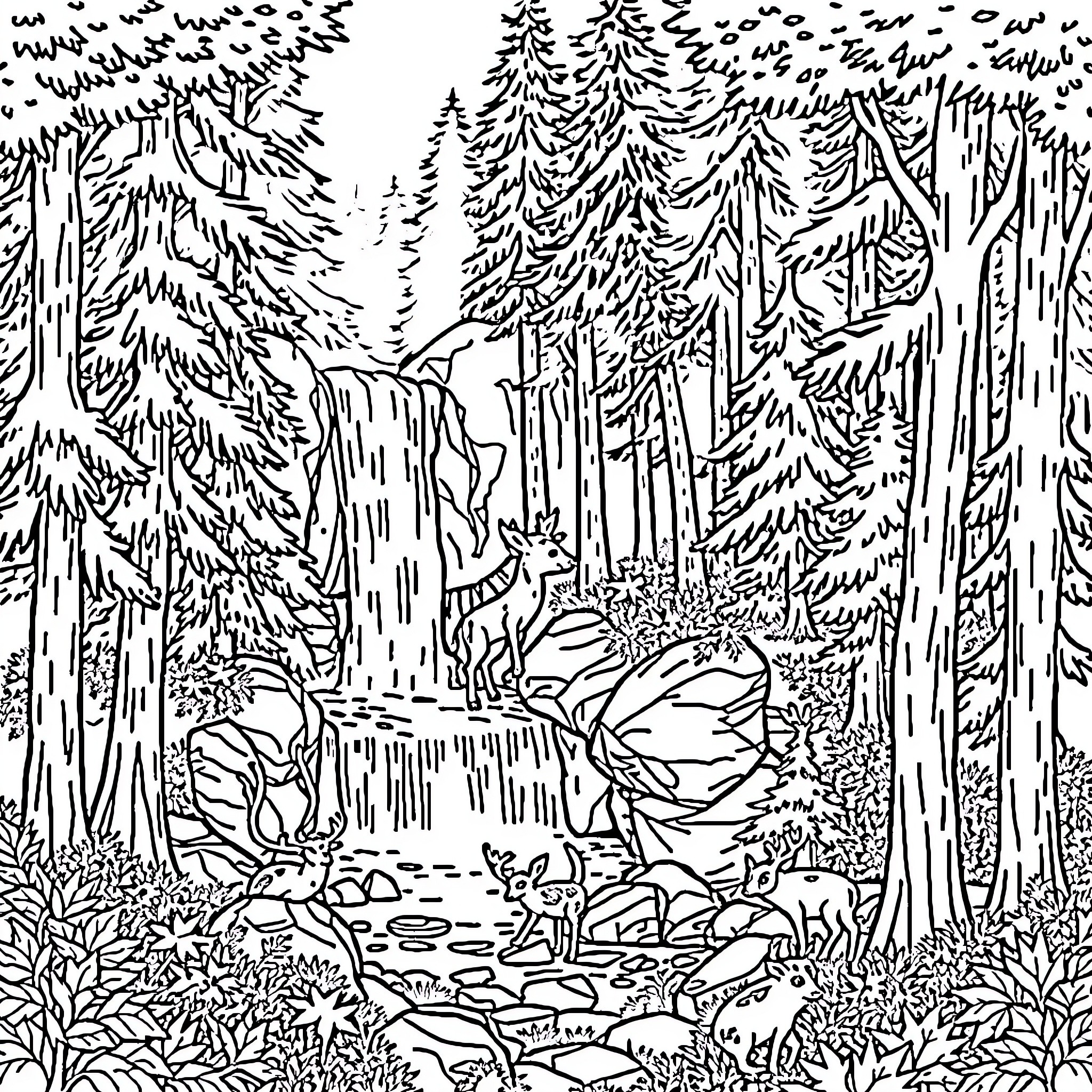 Forest scene with waterfalls and lush vegetation Coloring Page (free black-and-white line drawing printable PDF for all, from beginners to advanced learners, including children, teens, adults, and seniors)