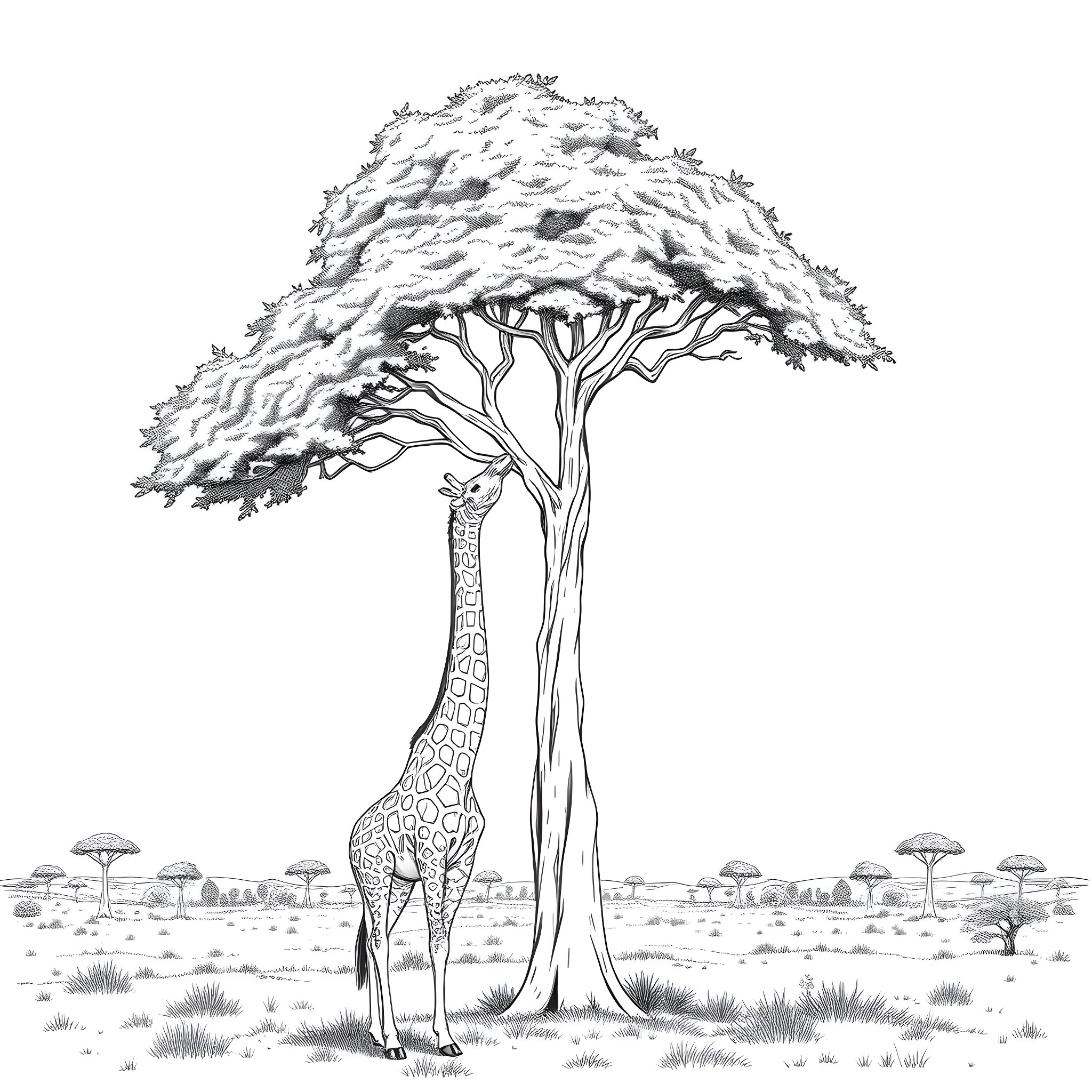Giraffe standing under large tree in African savanna Coloring Page (free black-and-white line drawing printable PDF for all, from beginners to advanced learners, including children, teens, adults, and seniors)