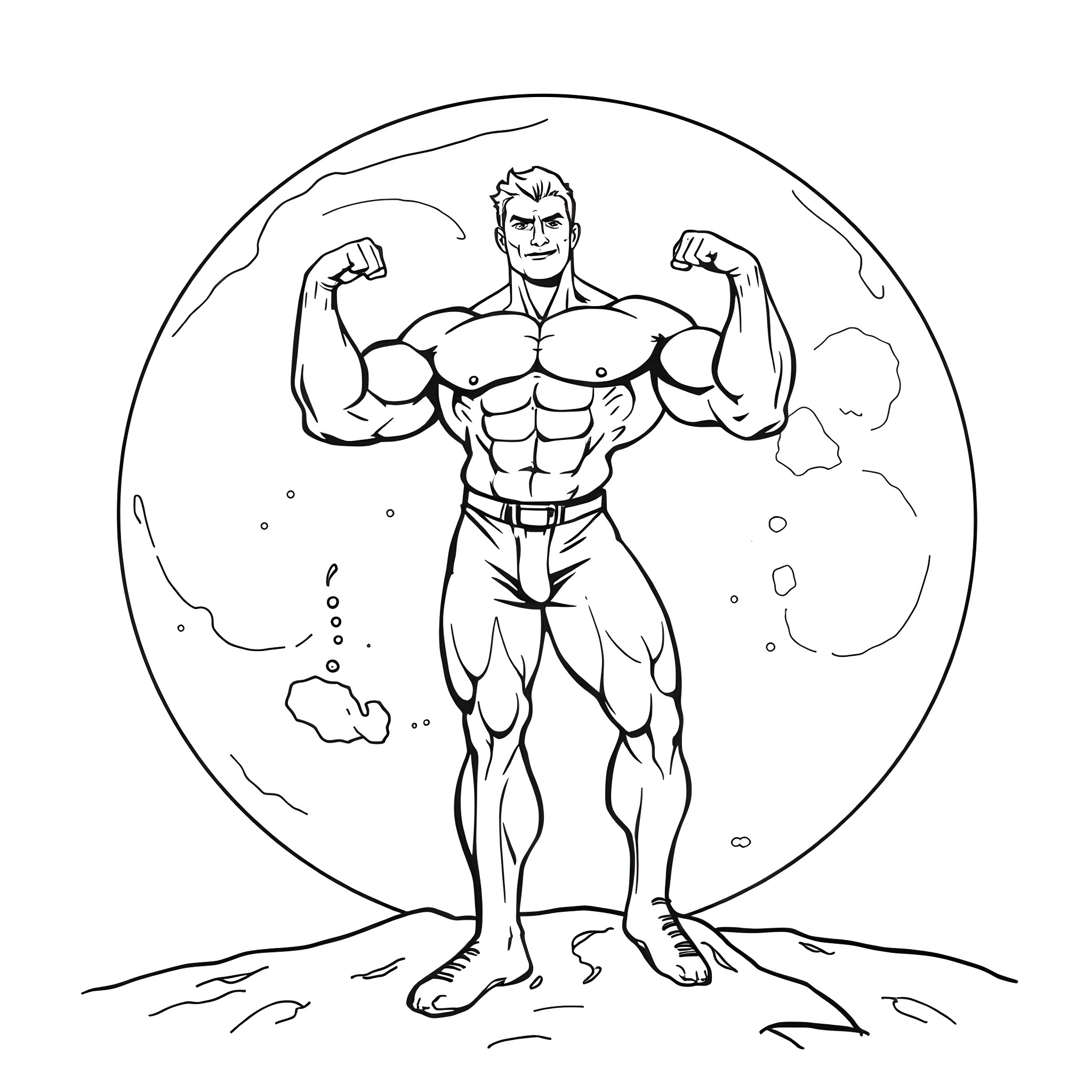 Bodybuilder flexing muscles in triumphant pose Coloring Page (free black-and-white line drawing printable PDF for all, from beginners to advanced learners, including children, teens, adults, and seniors)