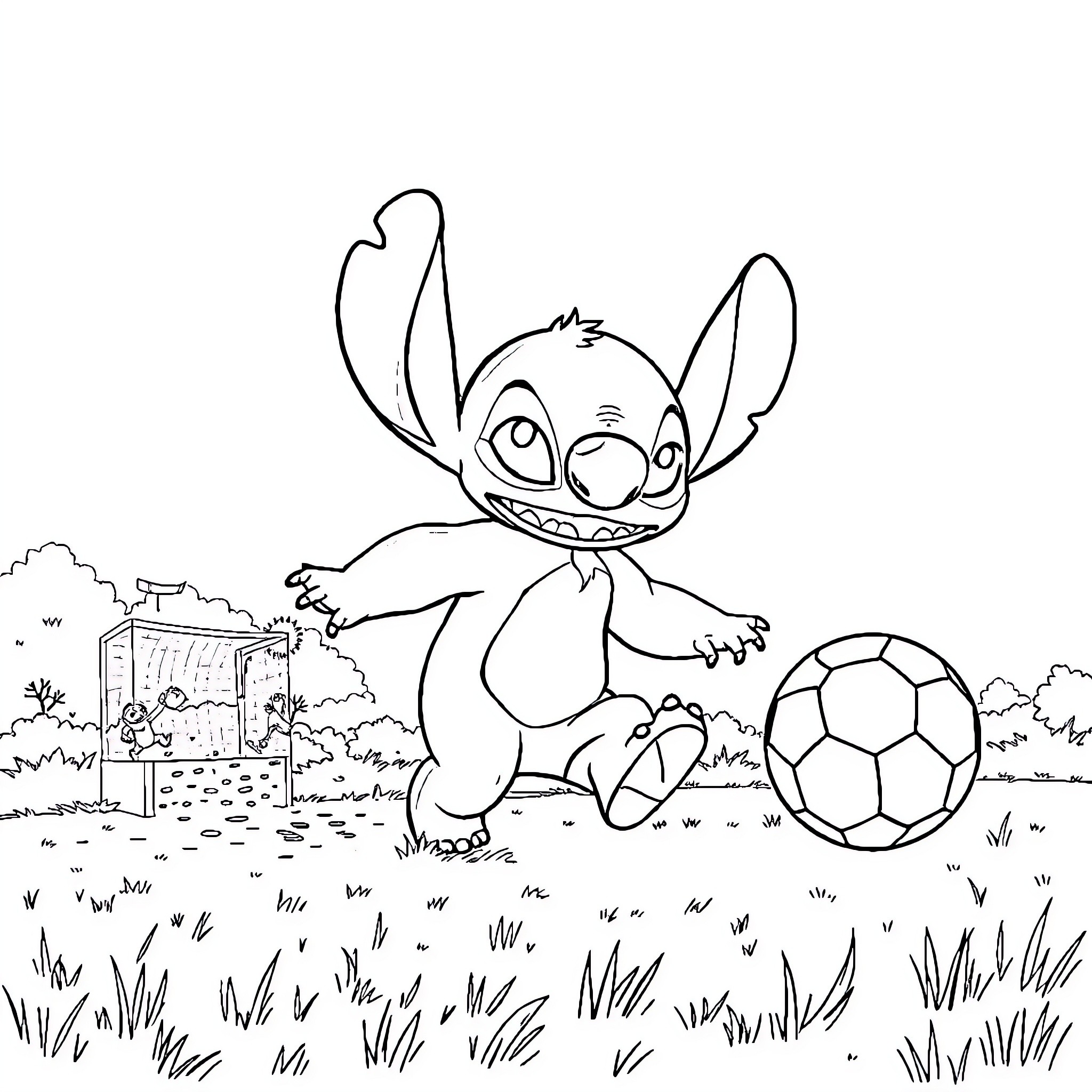 Stitch playing with soccer ball in the park Coloring Page (free black-and-white line drawing printable PDF for all, from beginners to advanced learners, including children, teens, adults, and seniors)