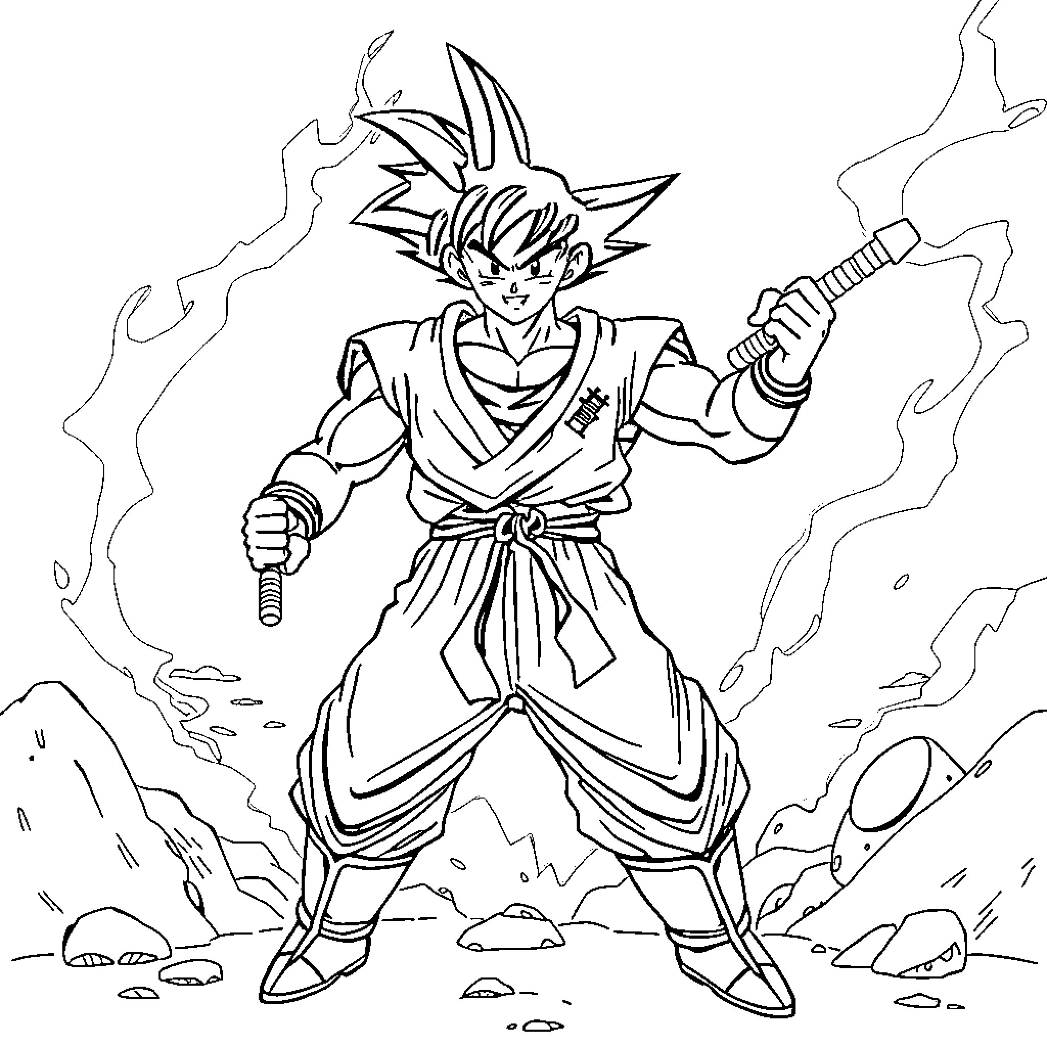 Son Goku's intense battle stance with energy aura Coloring Page (free black-and-white line drawing printable PDF for all, from beginners to advanced learners, including children, teens, adults, and seniors)