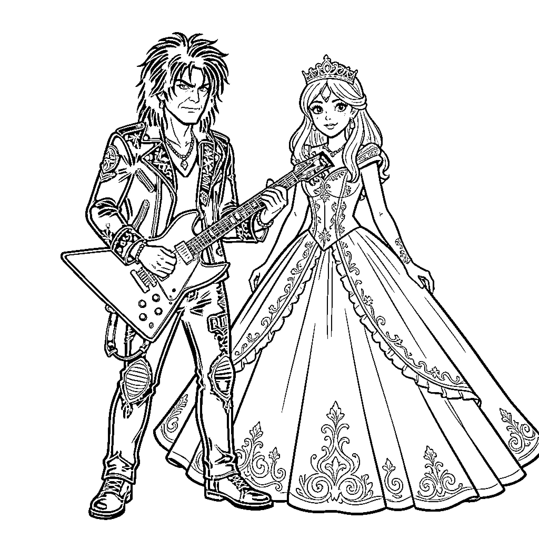 Kirk Hammett rocking out with a princess in an ornate gown Coloring Page (free black-and-white line drawing printable PDF for all, from beginners to advanced learners, including children, teens, adults, and seniors)
