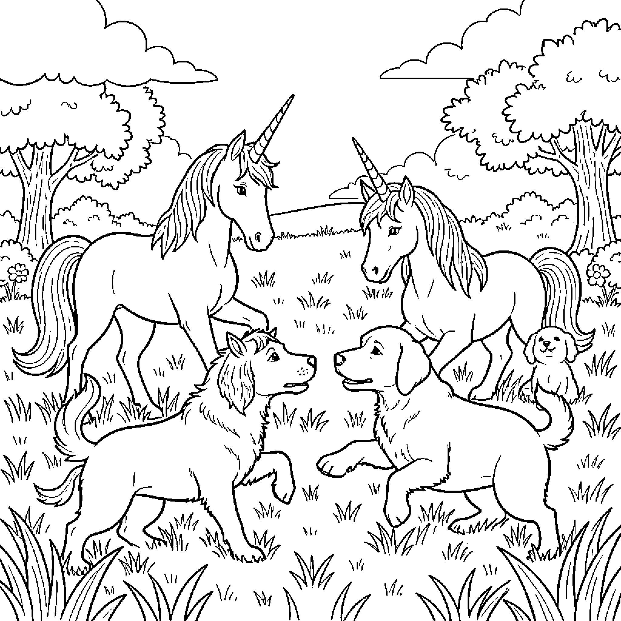 Unicorn and Dog playing together in a meadow Coloring Page (free black-and-white line drawing printable PDF for all, from beginners to advanced learners, including children, teens, adults, and seniors)