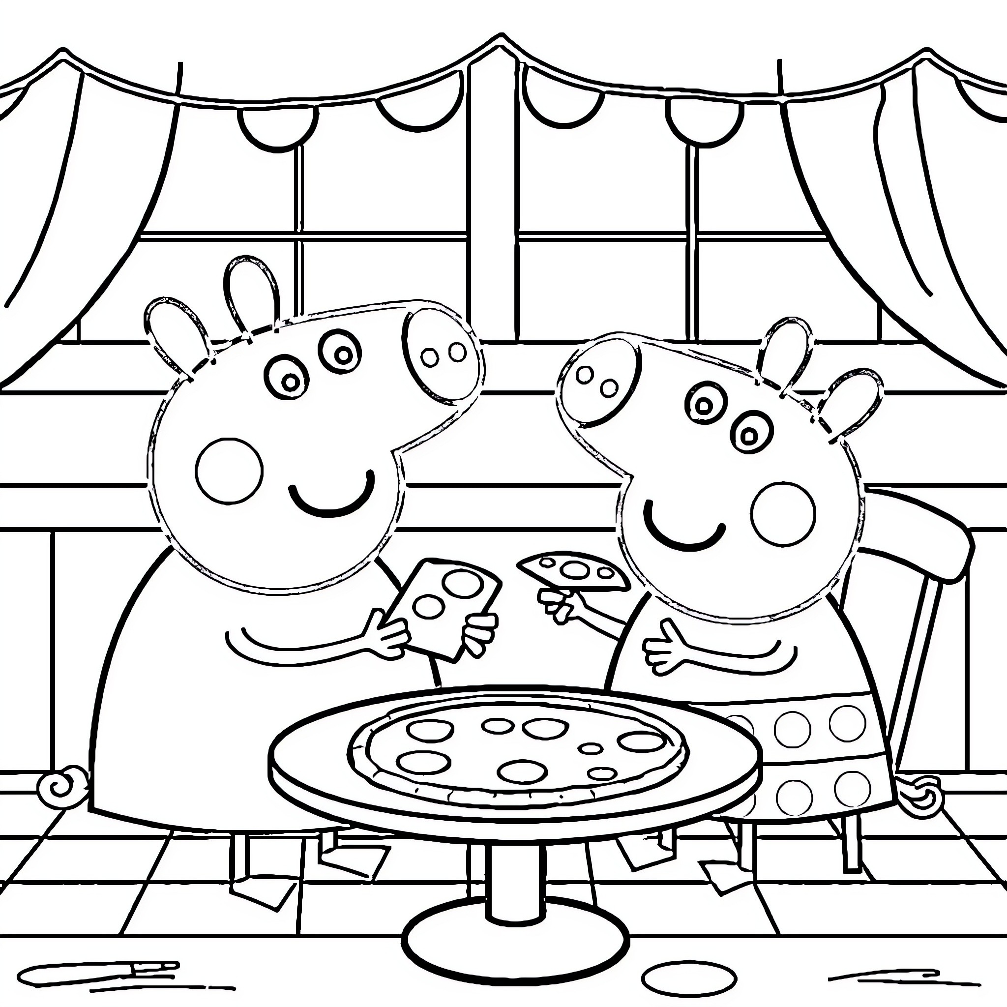 Peppa Pig and friends enjoying a pizza party Coloring Page (free black-and-white line drawing printable PDF for all, from beginners to advanced learners, including children, teens, adults, and seniors)