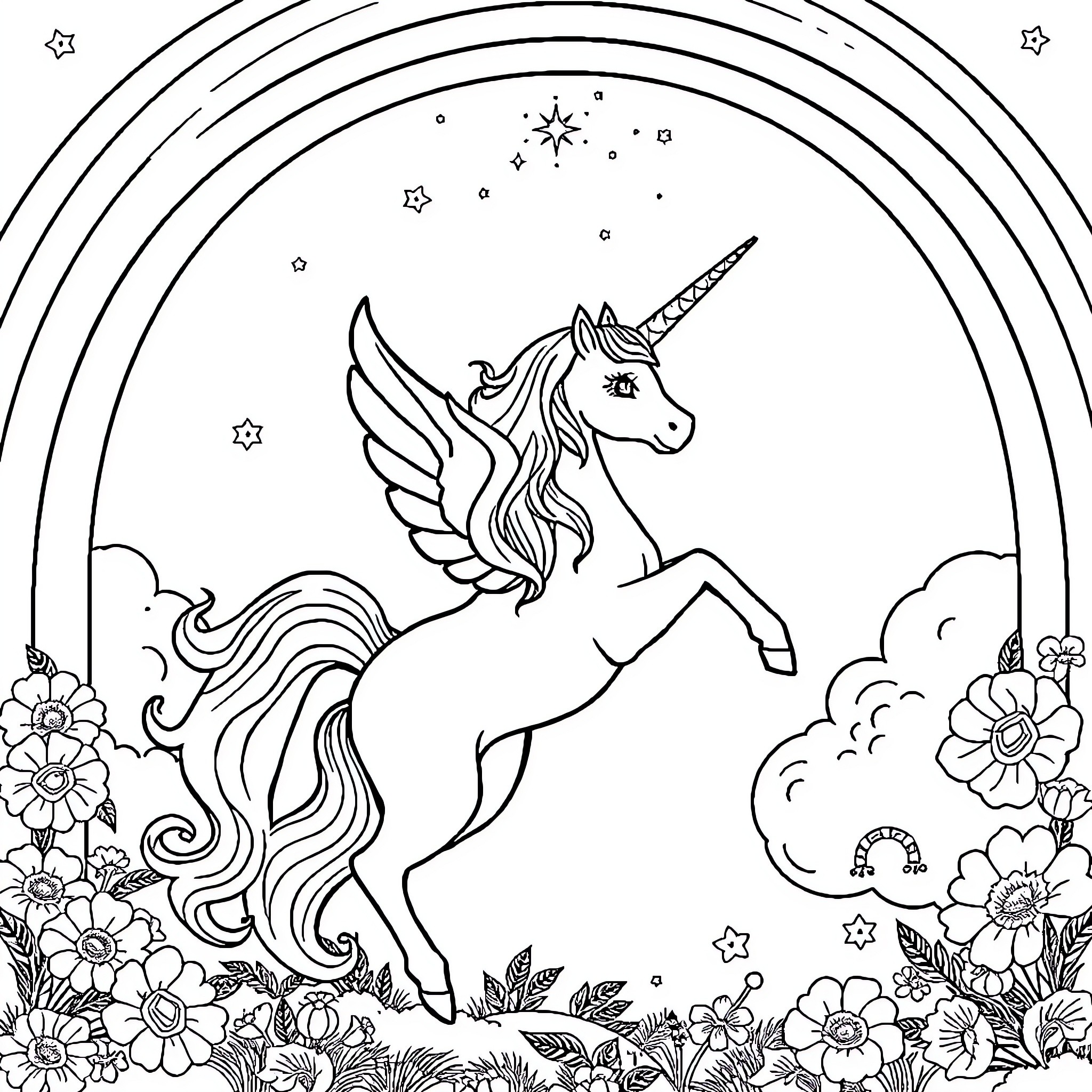 Unicorn soaring through enchanting floral landscape Coloring Page (free black-and-white line drawing printable PDF for all, from beginners to advanced learners, including children, teens, adults, and seniors)