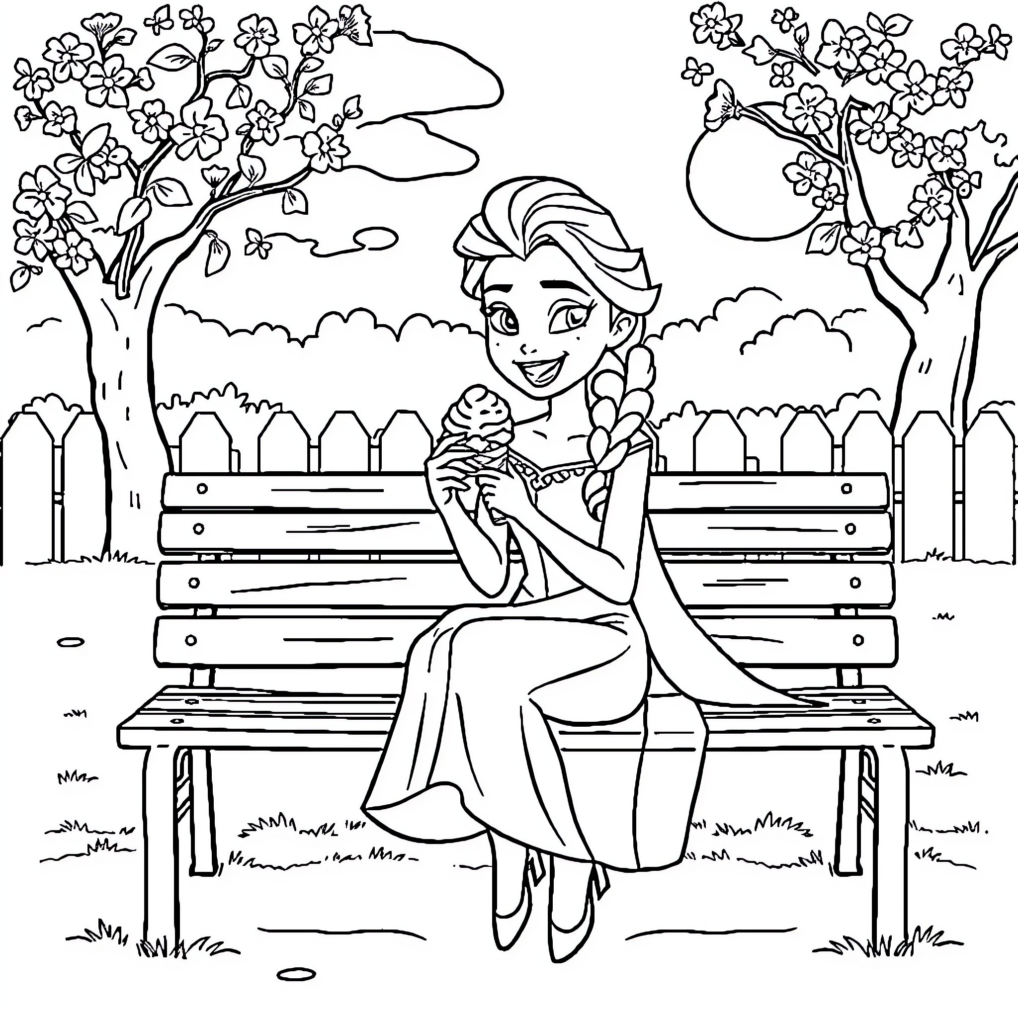 Elsa enjoying a peaceful moment in the park Coloring Page (free black-and-white line drawing printable PDF for all, from beginners to advanced learners, including children, teens, adults, and seniors)