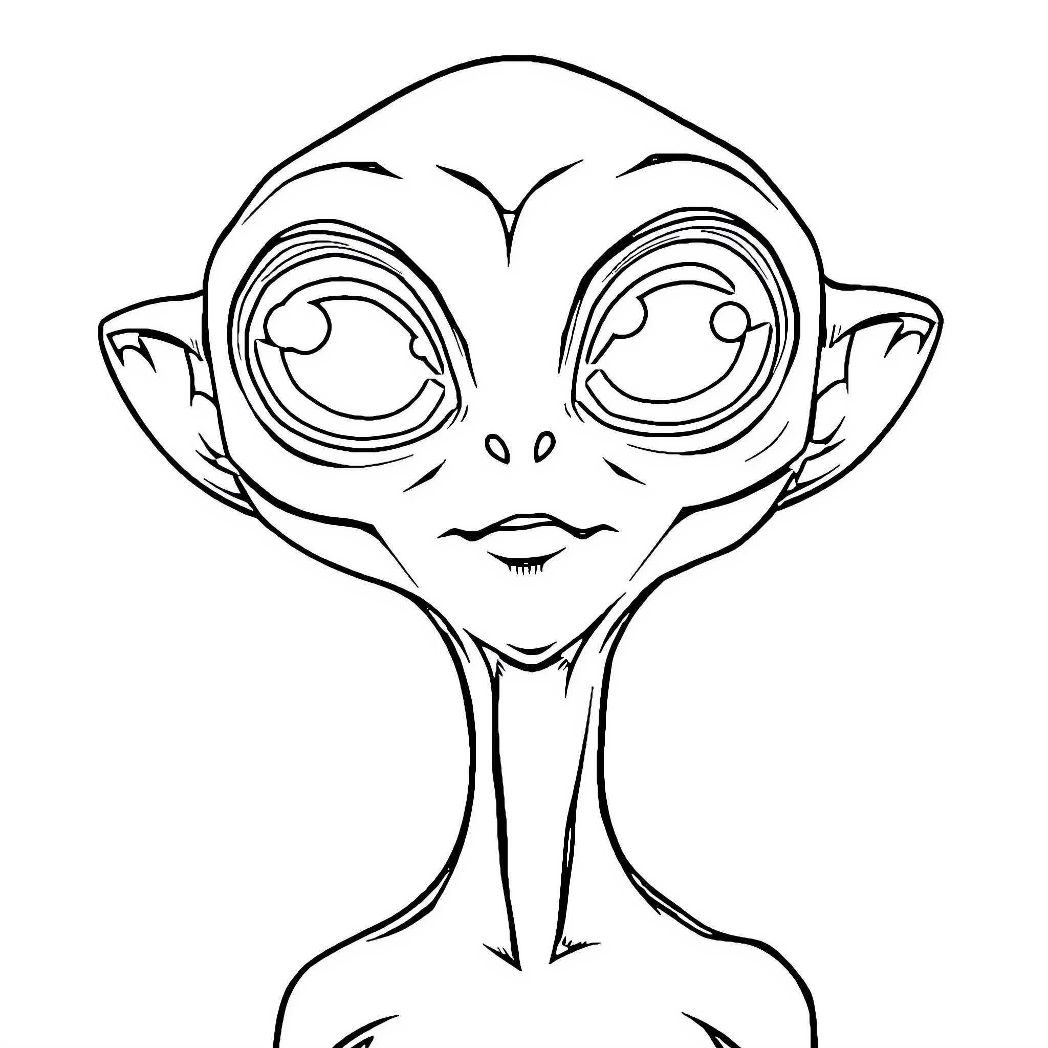 Alien with large eyes and expressive face Coloring Page (free black-and-white line drawing printable PDF for all, from beginners to advanced learners, including children, teens, adults, and seniors)