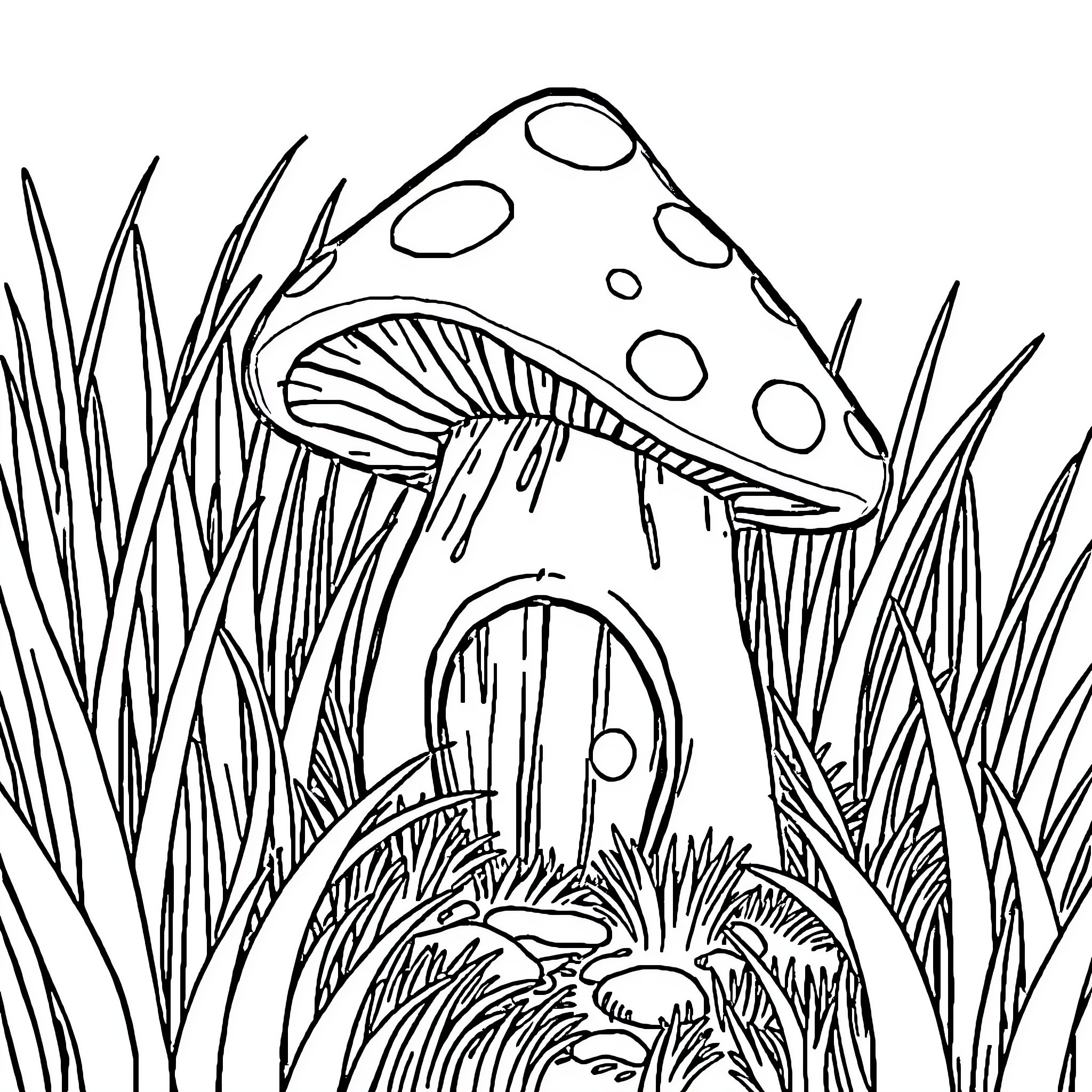 Mushroom growing in the grass Coloring Page (free black-and-white line drawing printable PDF for all, from beginners to advanced learners, including children, teens, adults, and seniors)