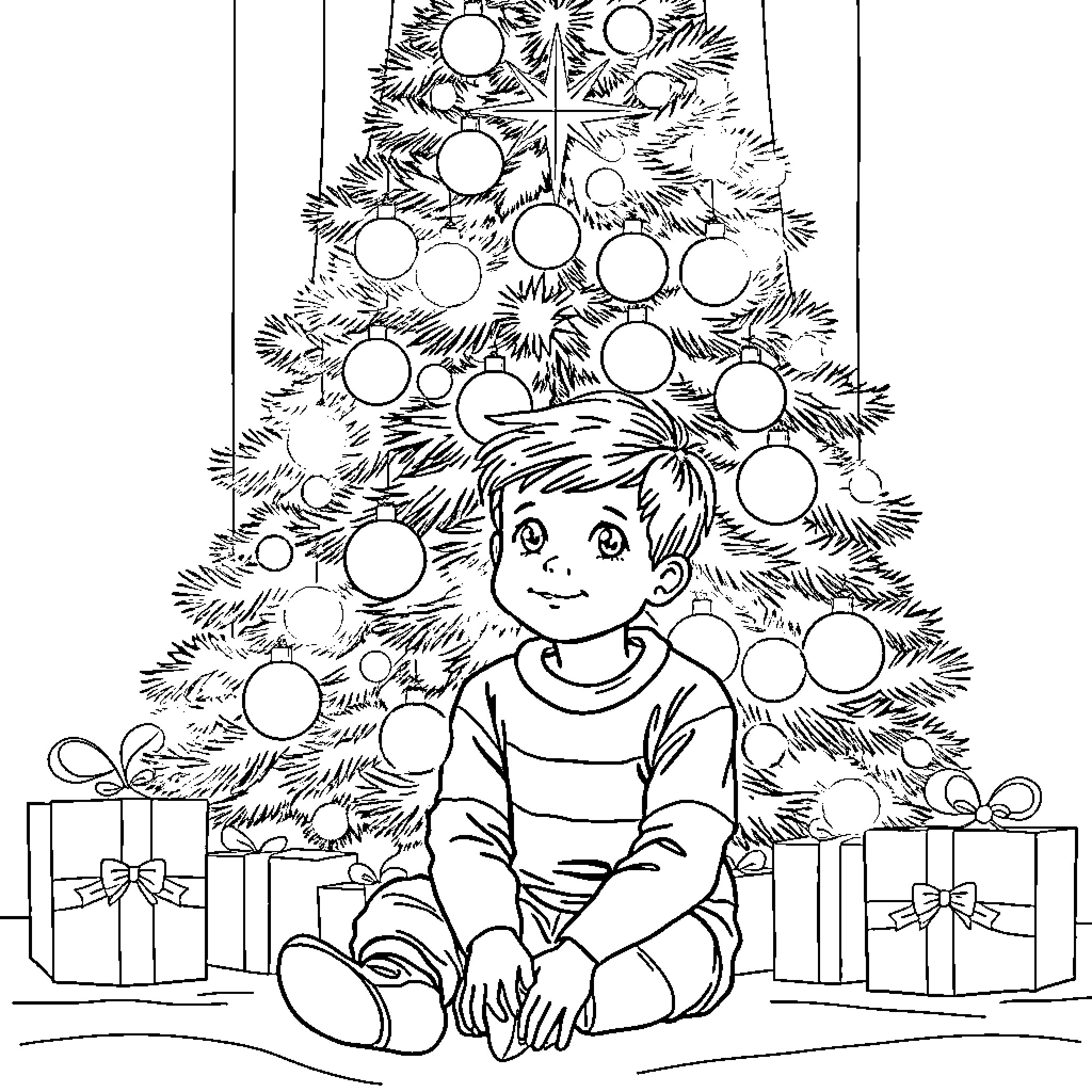 Boy sitting by Christmas tree with ornaments Coloring Page (free black-and-white line drawing printable PDF for all, from beginners to advanced learners, including children, teens, adults, and seniors)