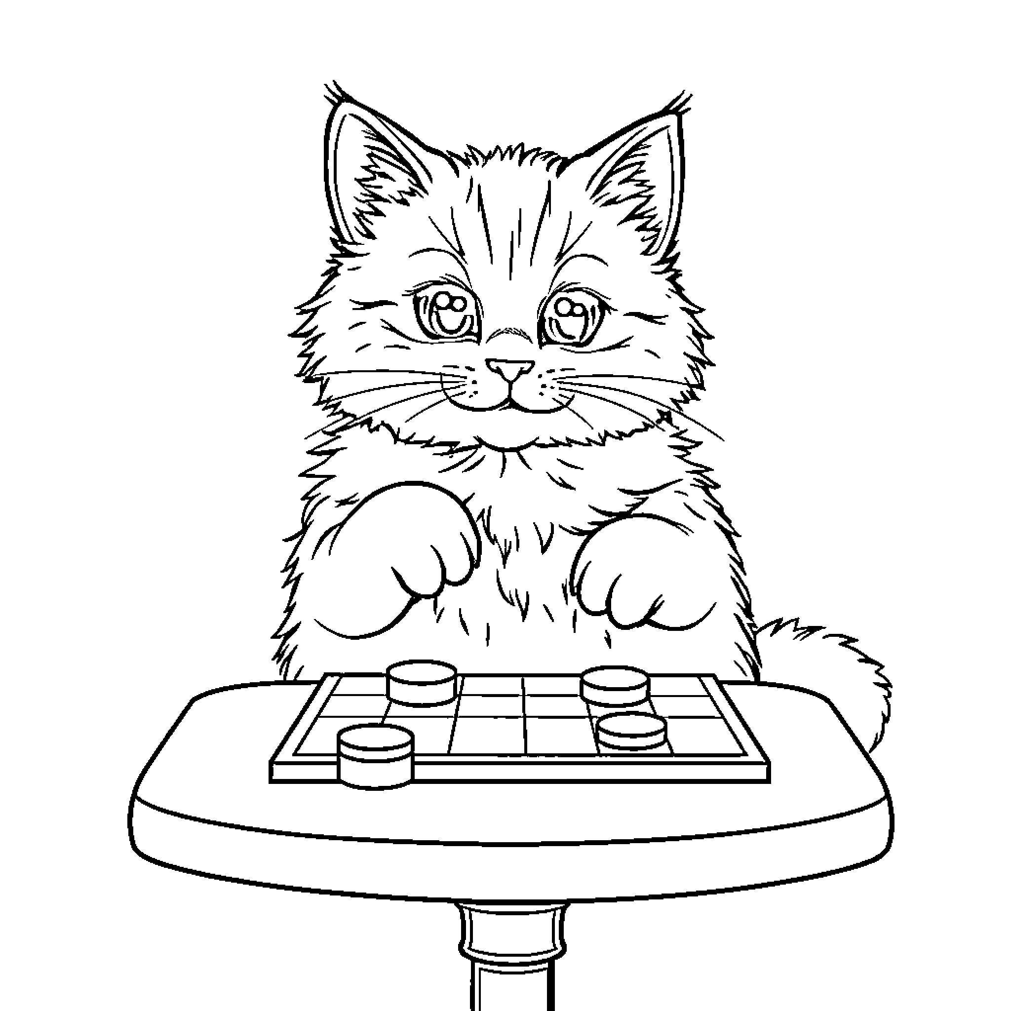 Kitty playing a game on the table Coloring Page (free black-and-white line drawing printable PDF for all, from beginners to advanced learners, including children, teens, adults, and seniors)