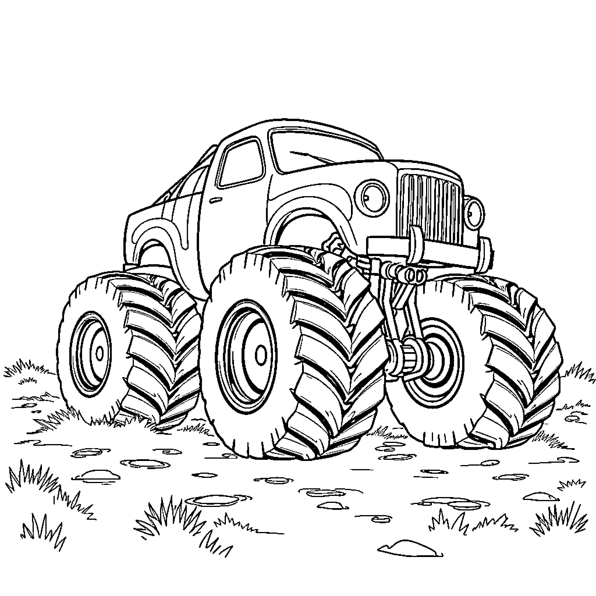 Monster Truck Crushing Through the Mud Coloring Page (free black-and-white line drawing printable PDF for all, from beginners to advanced learners, including children, teens, adults, and seniors)