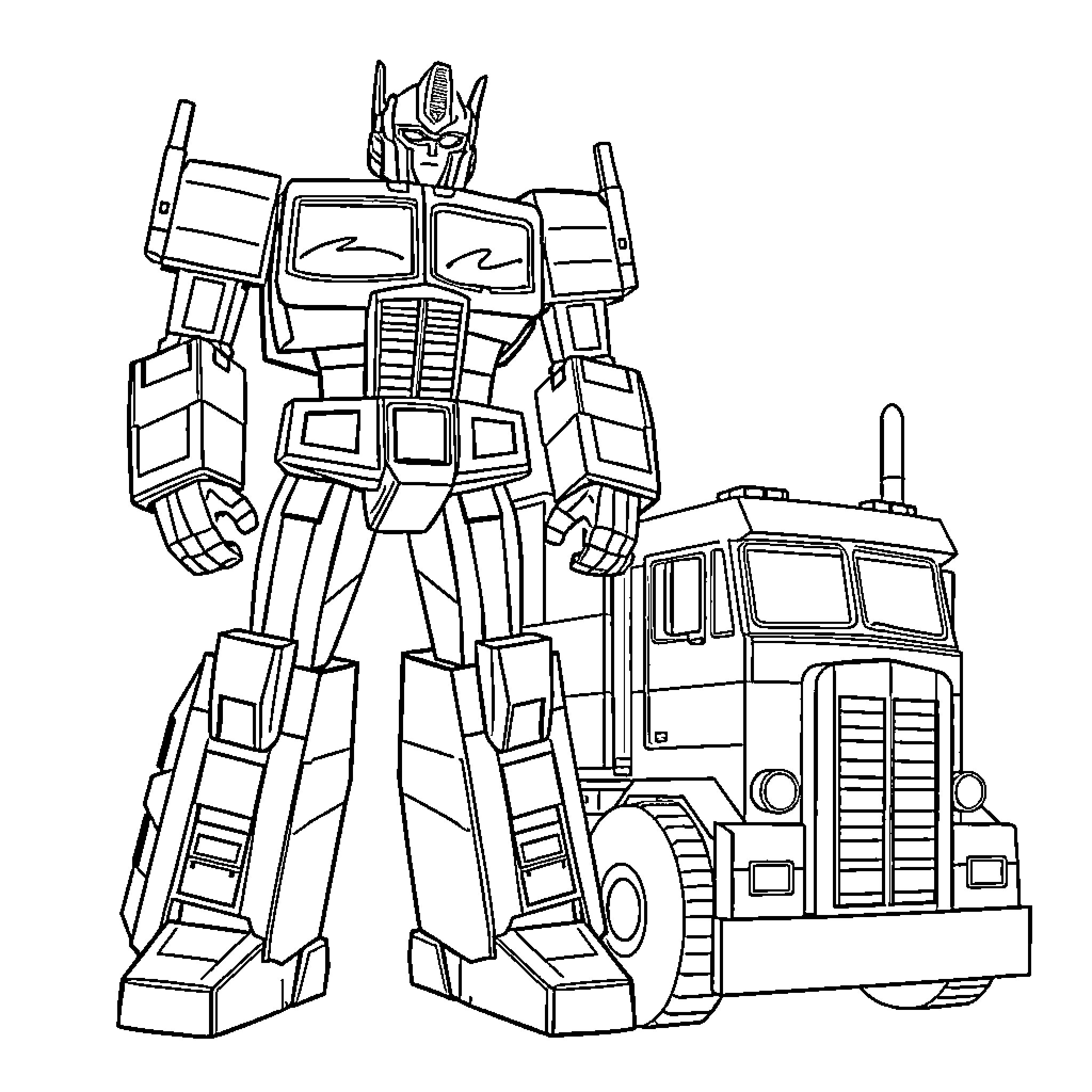 Optimus Prime transforming with transport vehicle Coloring Page (free black-and-white line drawing printable PDF for all, from beginners to advanced learners, including children, teens, adults, and seniors)