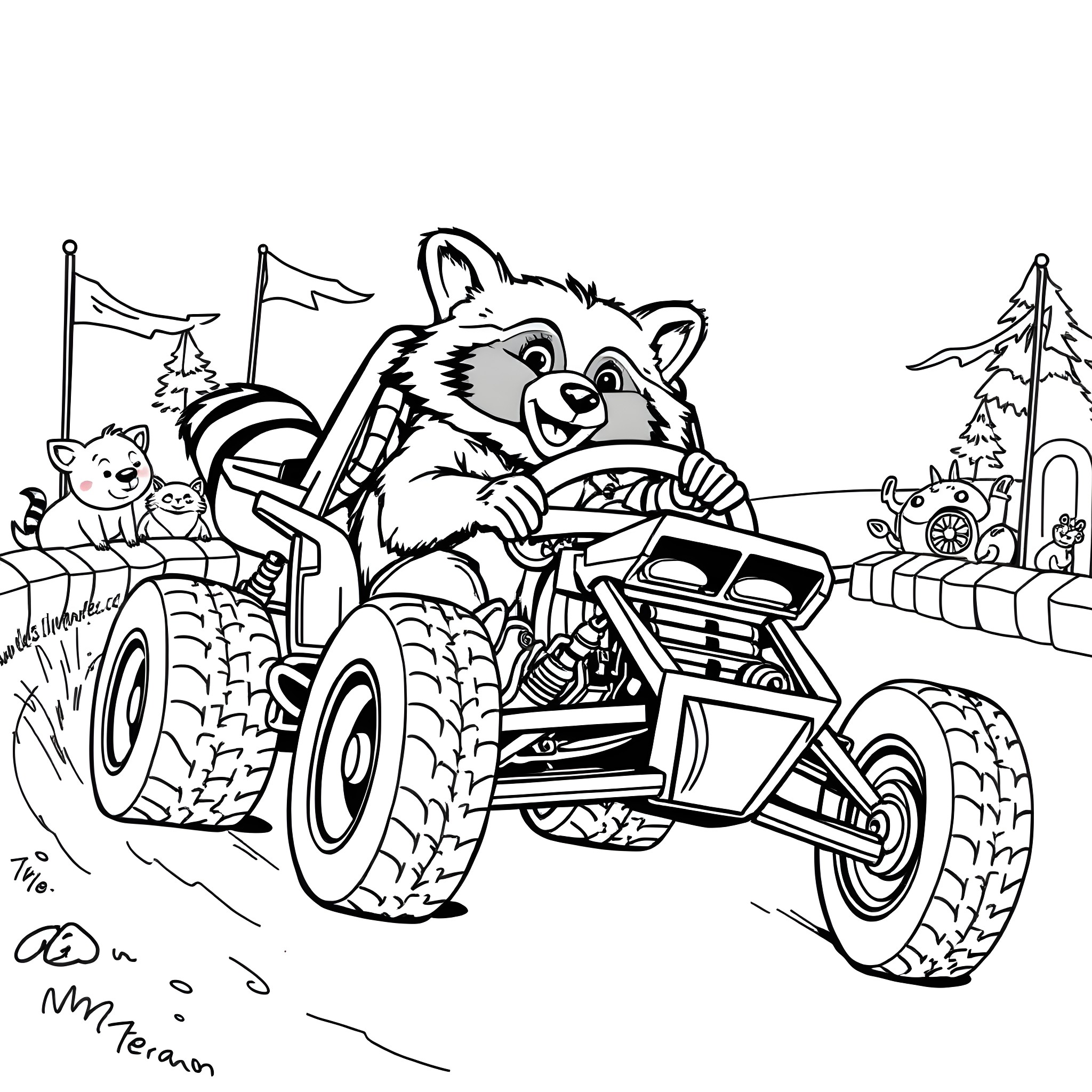 Raccoon driving an off-road vehicle through the forest Coloring Page (free black-and-white line drawing printable PDF for all, from beginners to advanced learners, including children, teens, adults, and seniors)