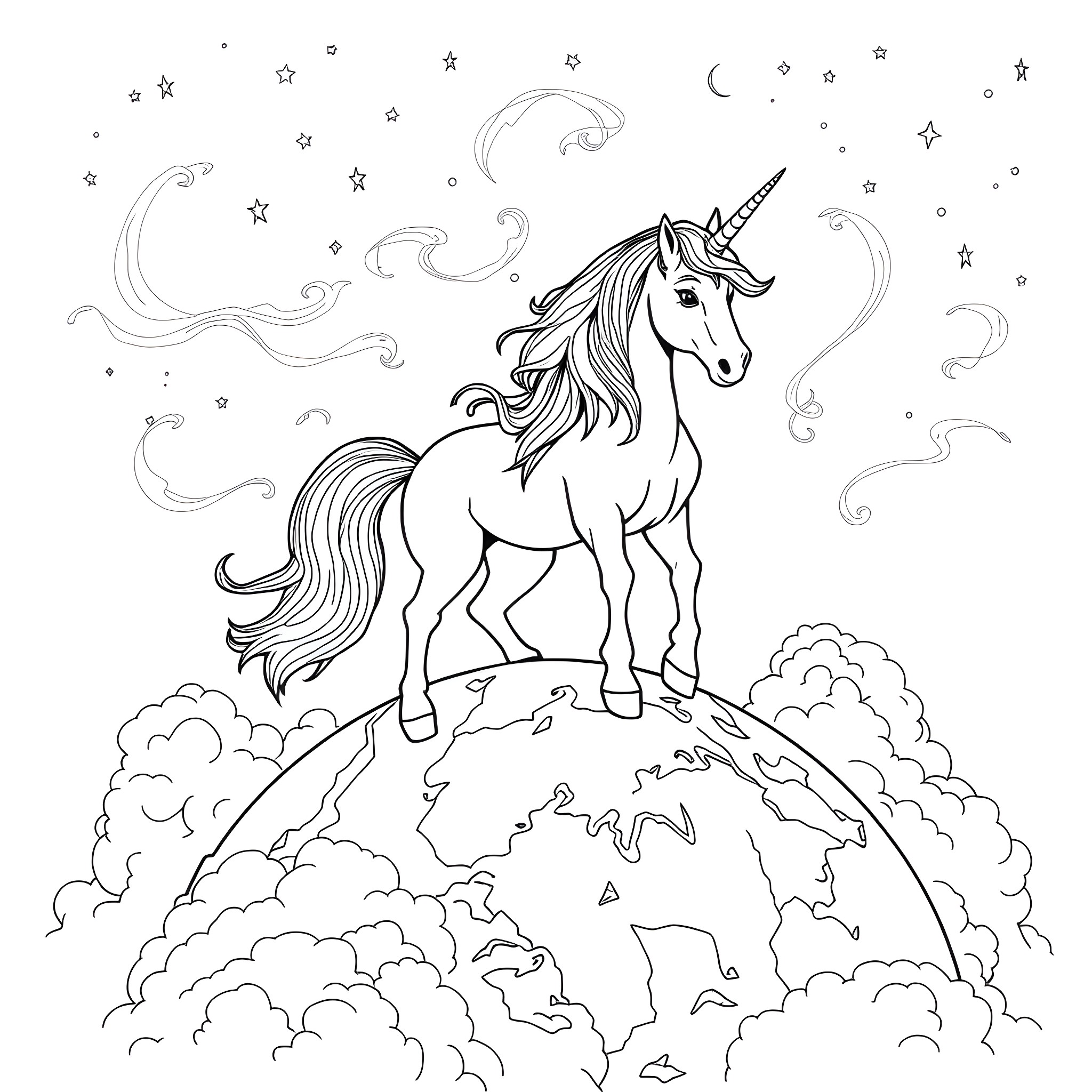 Unicorn standing majestically on a cloud-covered globe Coloring Page (free black-and-white line drawing printable PDF for all, from beginners to advanced learners, including children, teens, adults, and seniors)