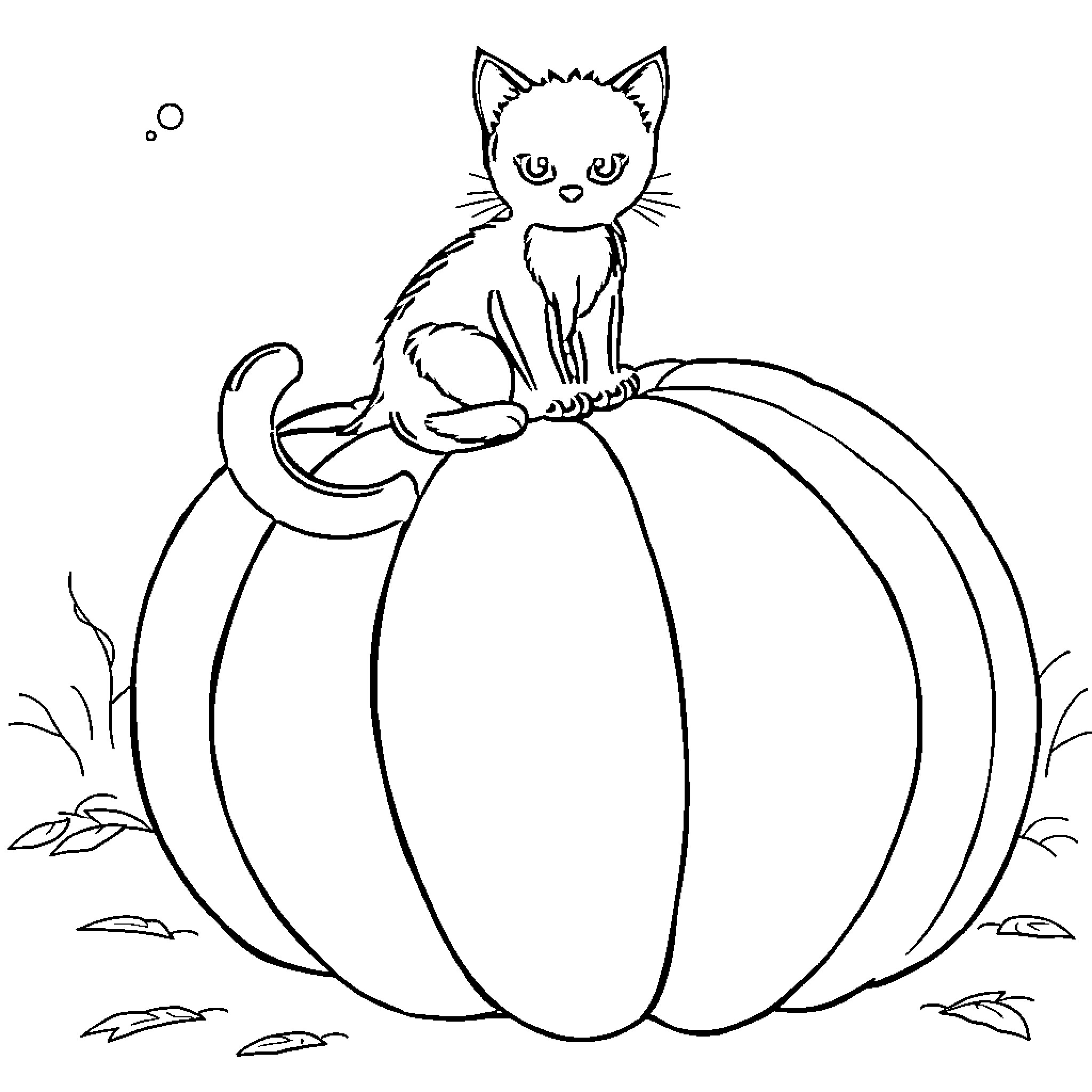 Pumpkin Patch with Playful Kitten Coloring Page (free black-and-white line drawing printable PDF for all, from beginners to advanced learners, including children, teens, adults, and seniors)