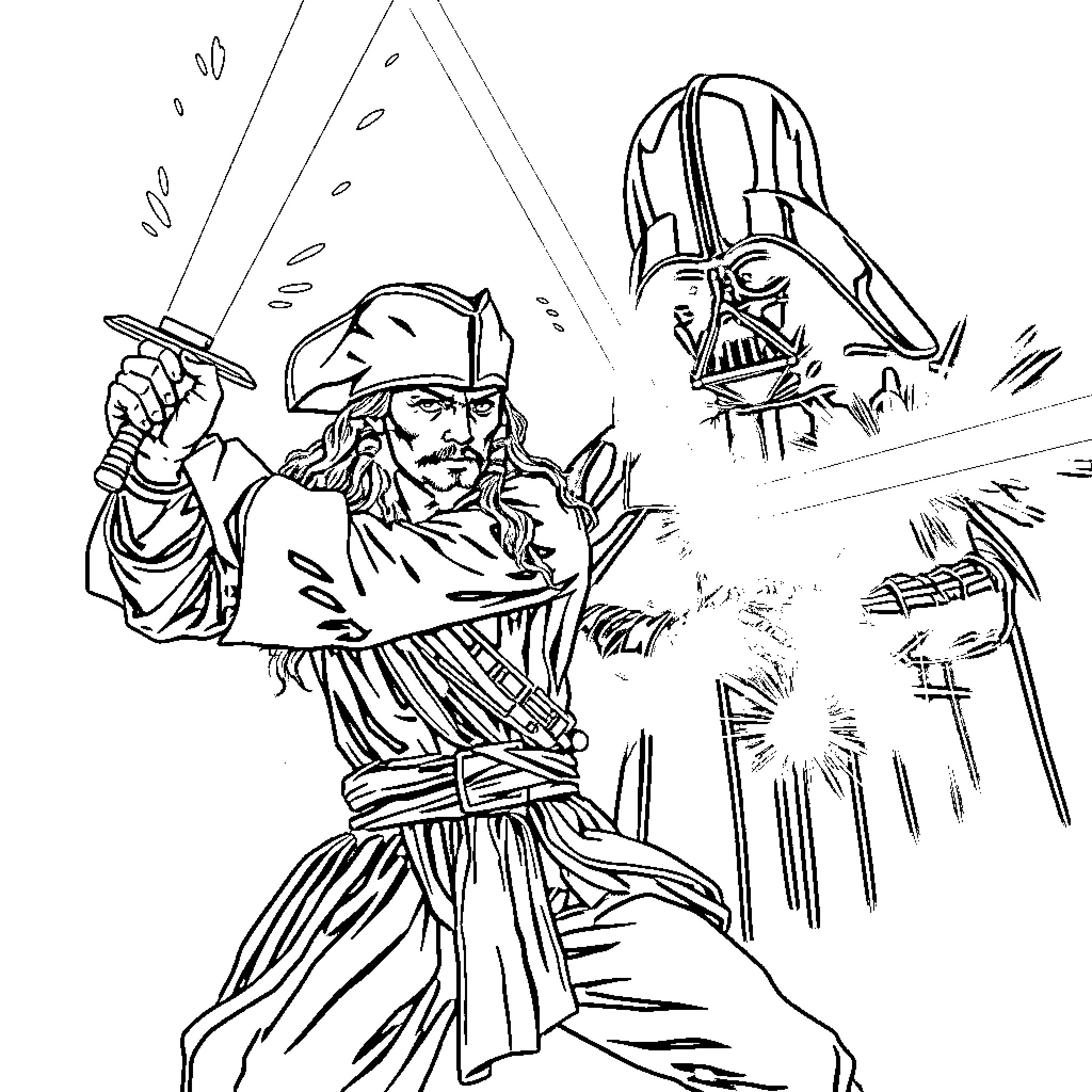 Captain Jack Sparrow's epic battle with Darth Vader Coloring Page (free black-and-white line drawing printable PDF for all, from beginners to advanced learners, including children, teens, adults, and seniors)