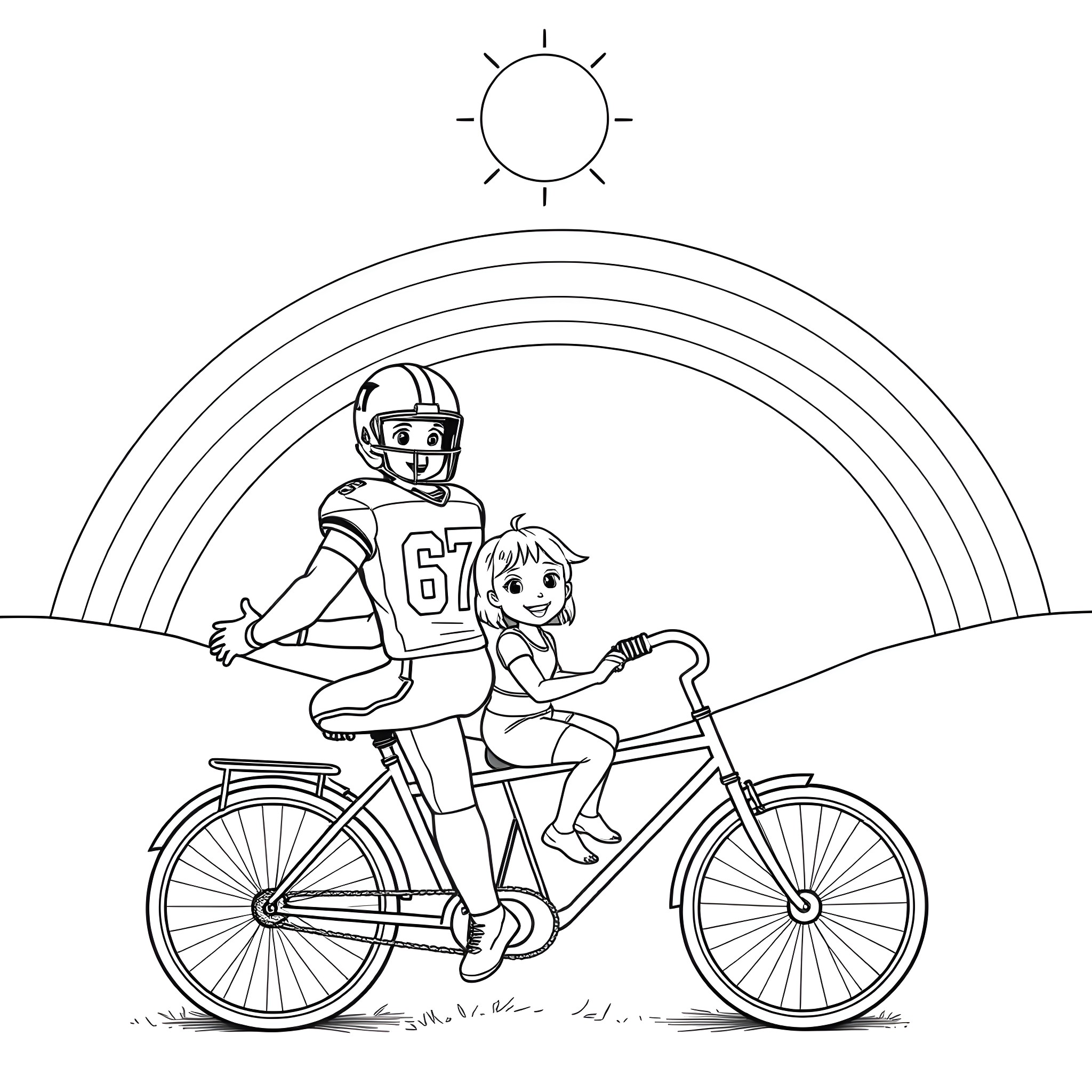 Football Player Riding Bicycle with Friend Coloring Page (free black-and-white line drawing printable PDF for all, from beginners to advanced learners, including children, teens, adults, and seniors)