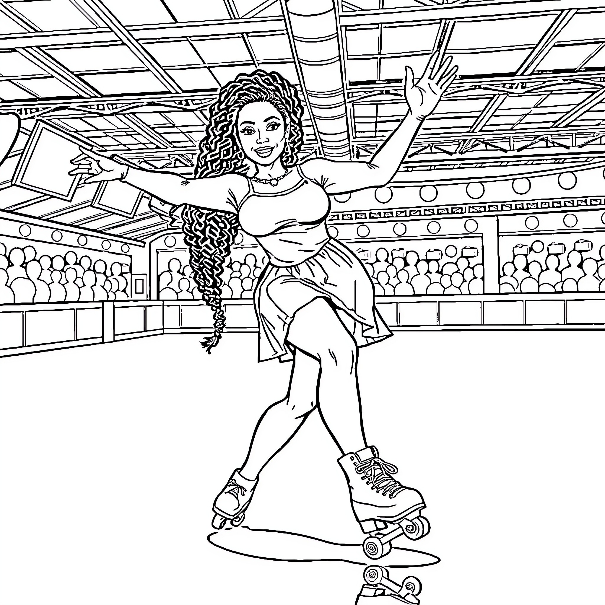 Woman roller skating enthusiastically in an arena Coloring Page (free black-and-white line drawing printable PDF for all, from beginners to advanced learners, including children, teens, adults, and seniors)