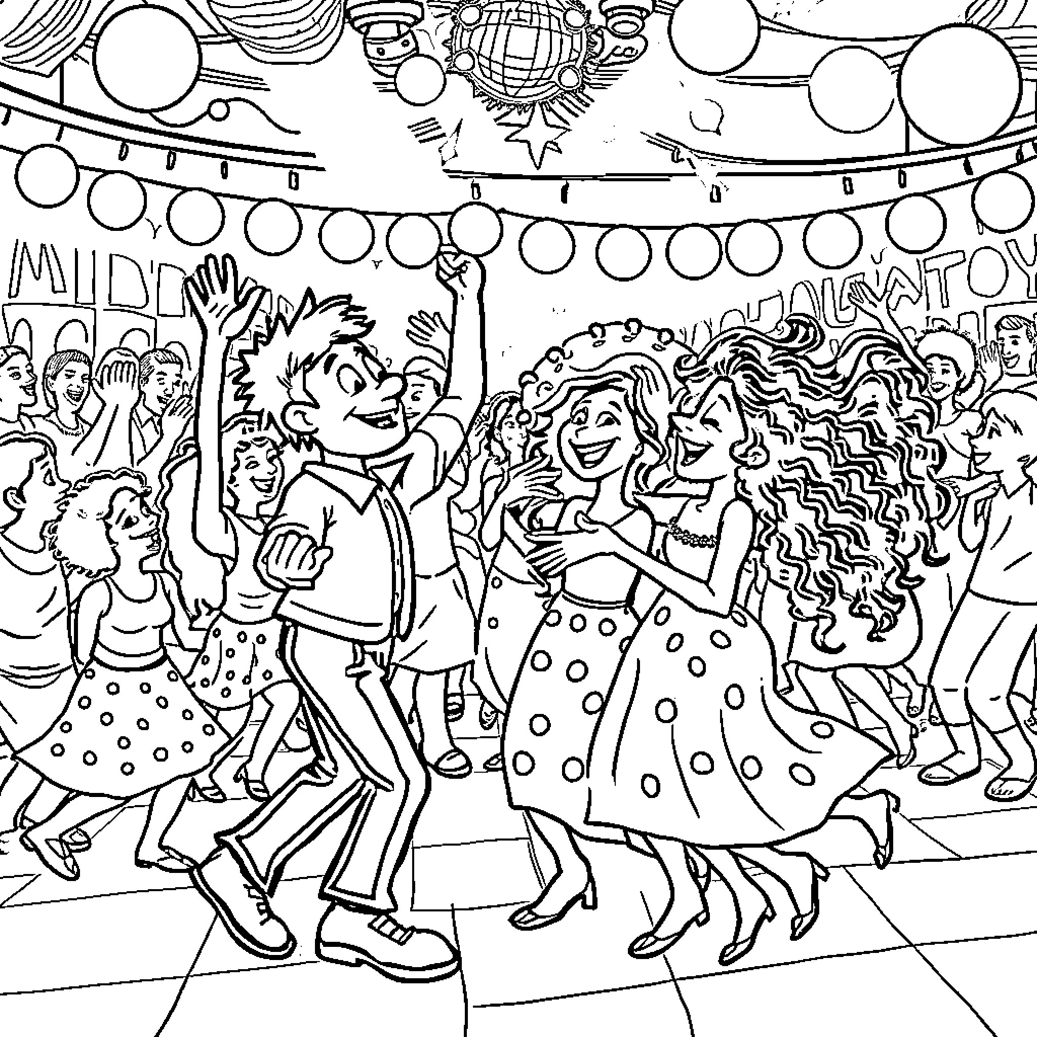 Klasky Csupo Carnival Party with Dancing and Celebration Coloring Page (free black-and-white line drawing printable PDF for all, from beginners to advanced learners, including children, teens, adults, and seniors)