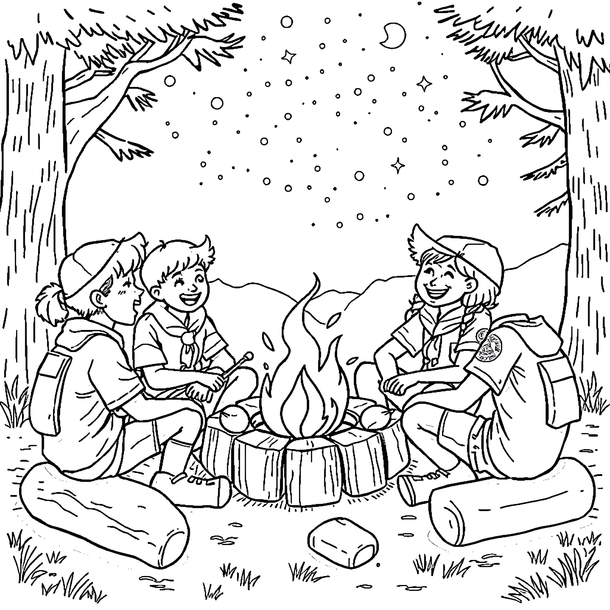 Scout Campfire on a Snowy Night Coloring Page (free black-and-white line drawing printable PDF for all, from beginners to advanced learners, including children, teens, adults, and seniors)