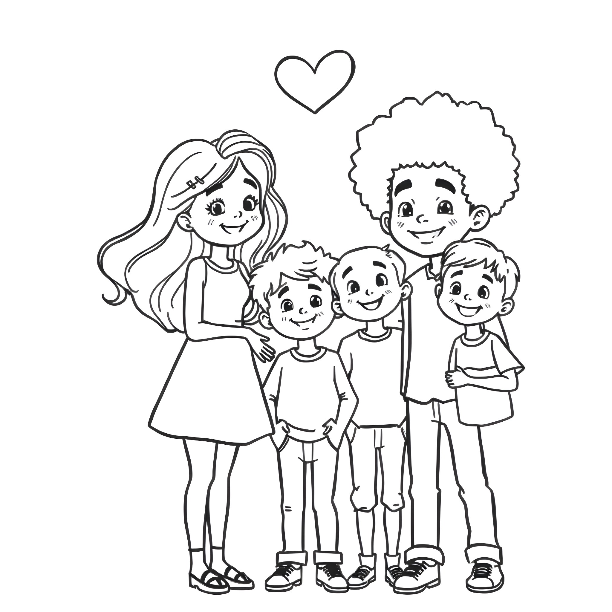 Child with family members in joyful scene Coloring Page (free black-and-white line drawing printable PDF for all, from beginners to advanced learners, including children, teens, adults, and seniors)