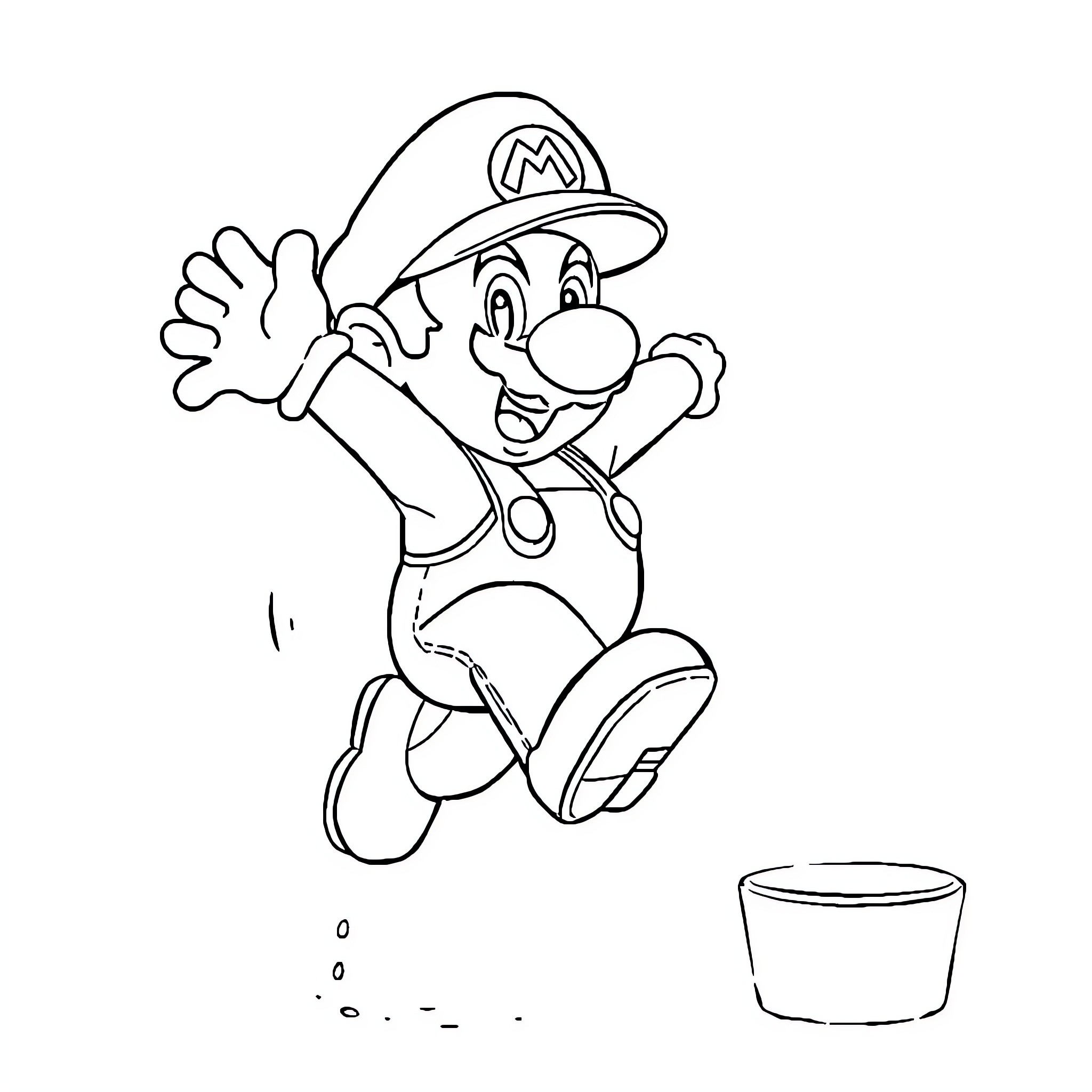 Super Mario jumping excitedly near a pit Coloring Page (free black-and-white line drawing printable PDF for all, from beginners to advanced learners, including children, teens, adults, and seniors)