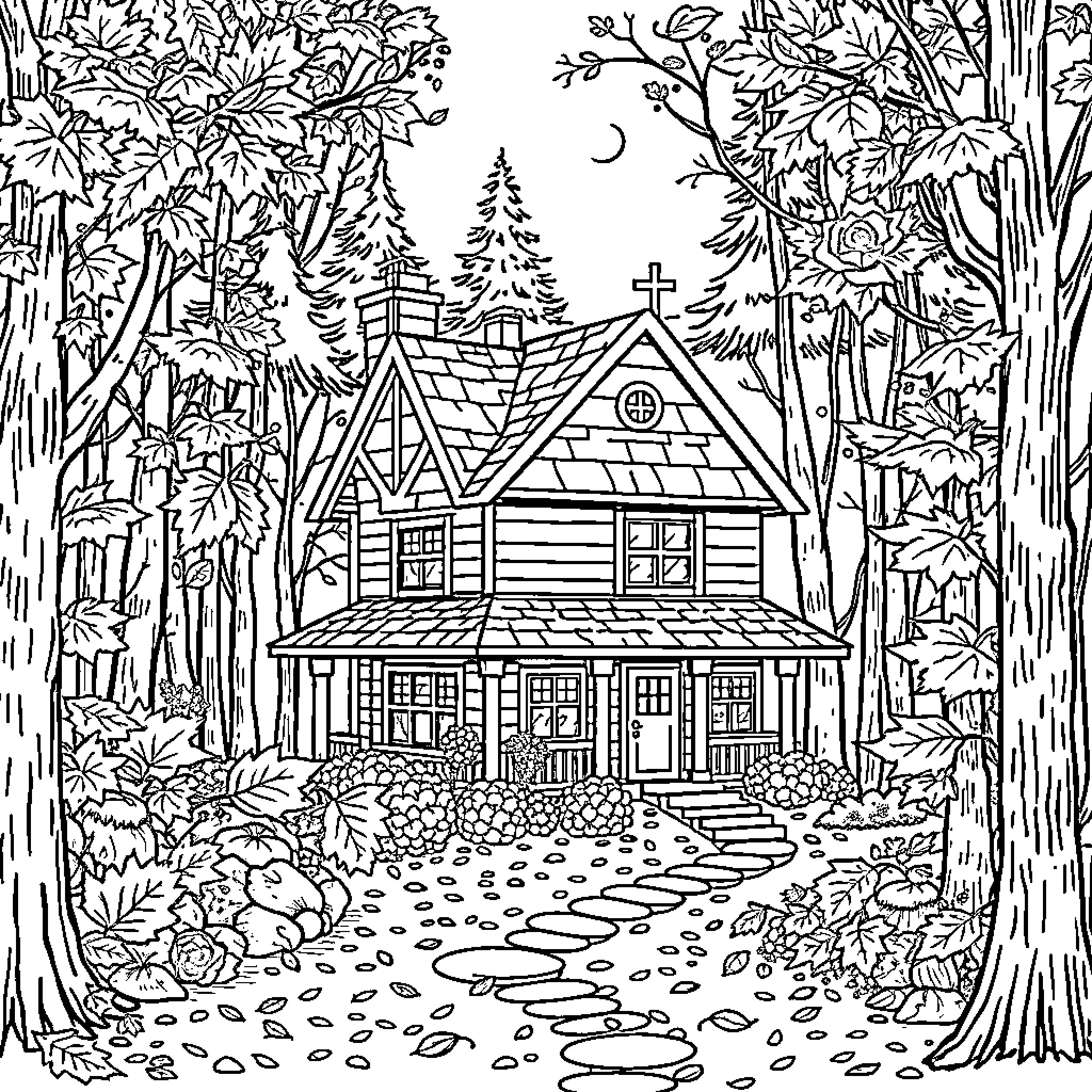 House in a Peaceful Forest Landscape Coloring Page (free black-and-white line drawing printable PDF for all, from beginners to advanced learners, including children, teens, adults, and seniors)