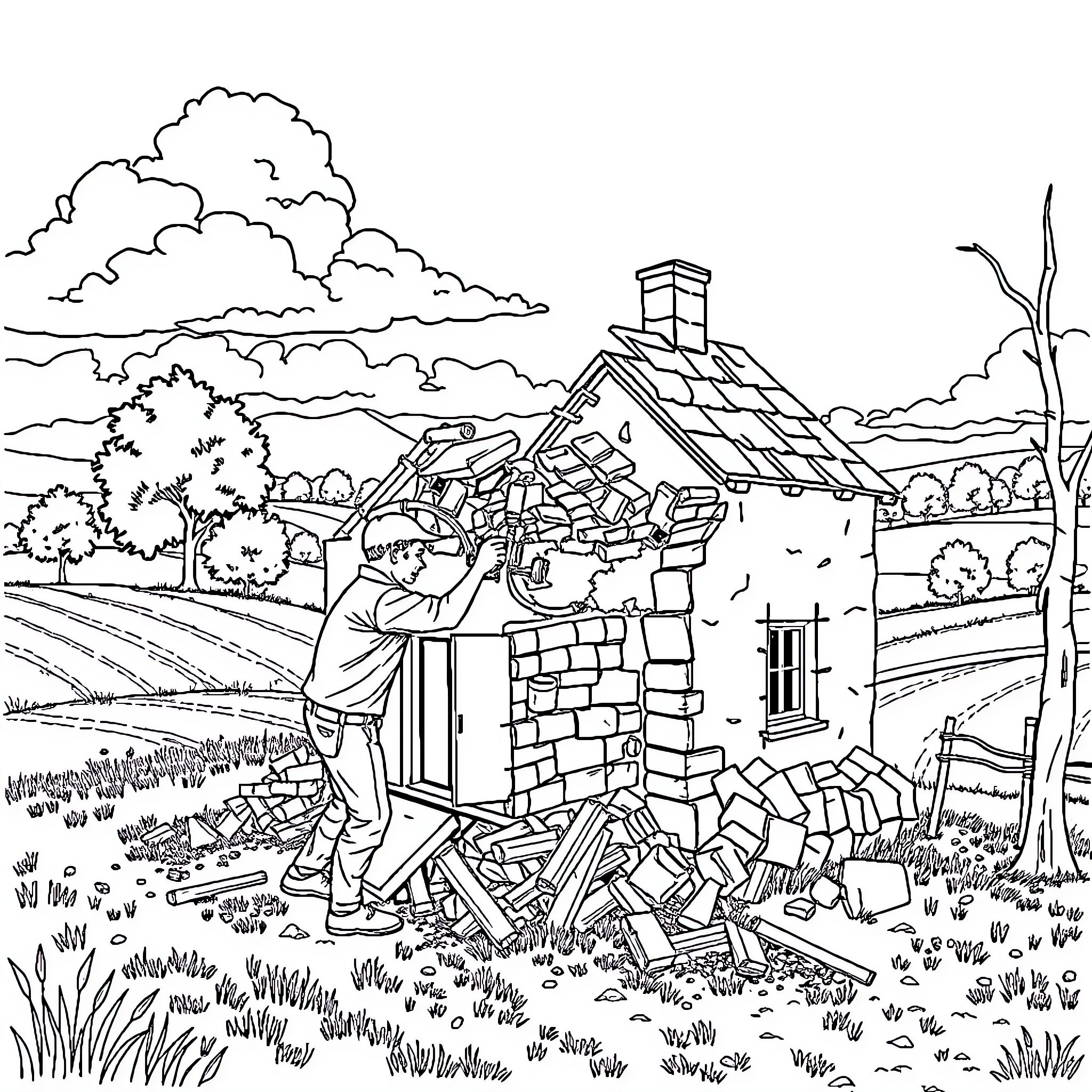 Man dismantling old building with tools Coloring Page (free black-and-white line drawing printable PDF for all, from beginners to advanced learners, including children, teens, adults, and seniors)