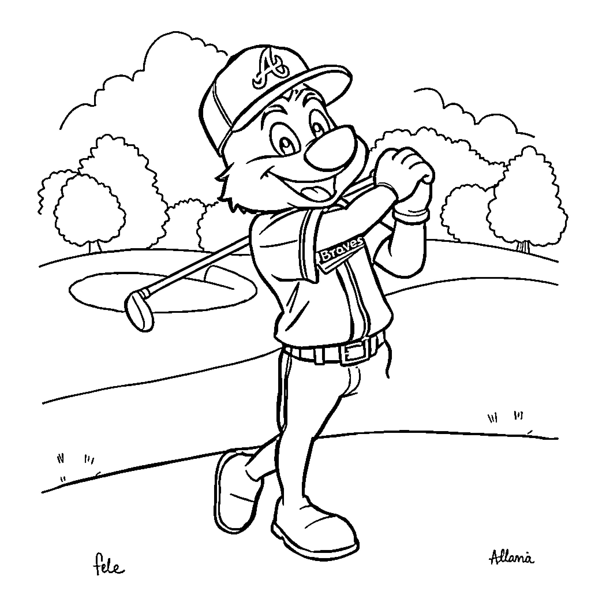 Braves Mascot smiling and waving on the field Coloring Page (free black-and-white line drawing printable PDF for all, from beginners to advanced learners, including children, teens, adults, and seniors)