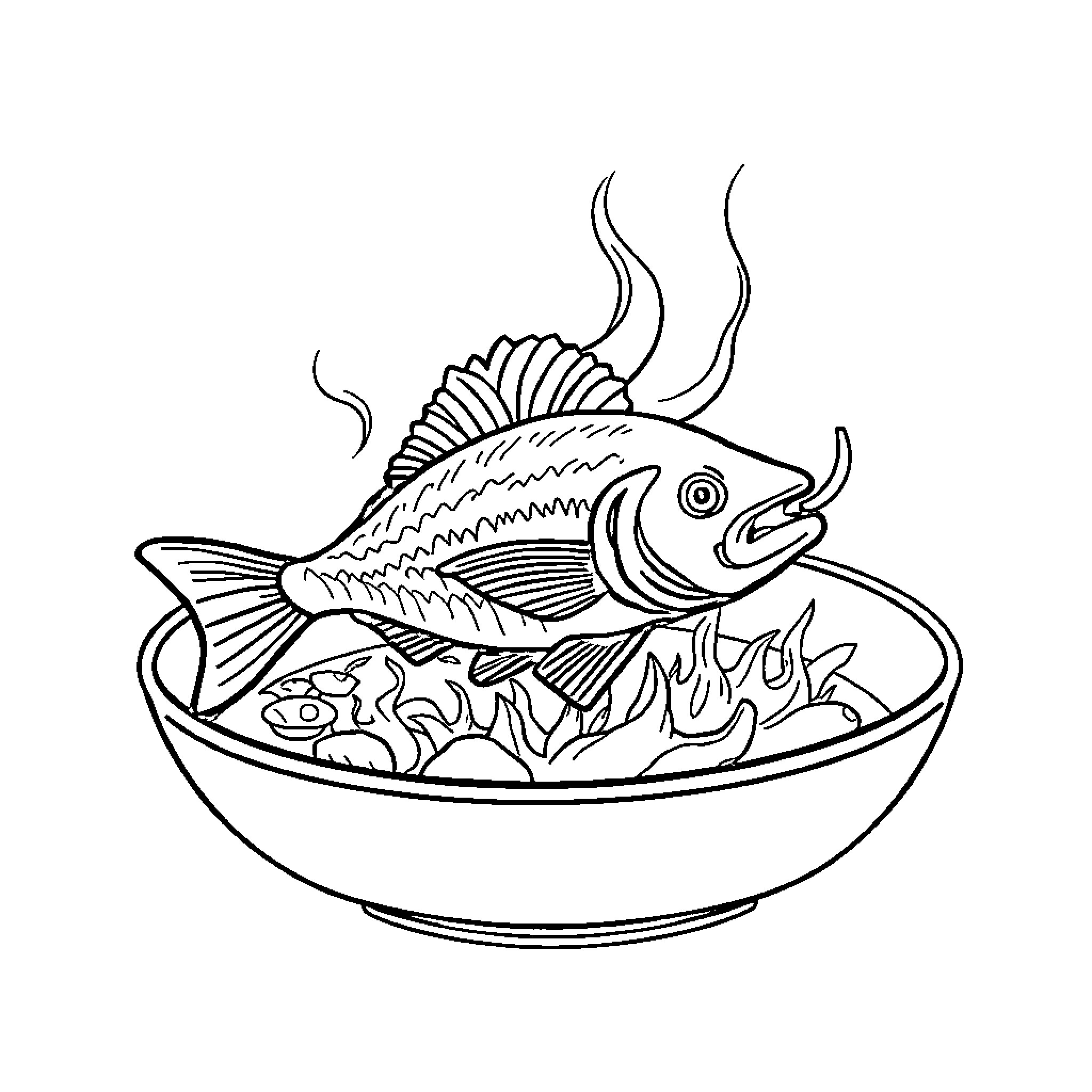 Fish swimming in a bowl of food Coloring Page (free black-and-white line drawing printable PDF for all, from beginners to advanced learners, including children, teens, adults, and seniors)