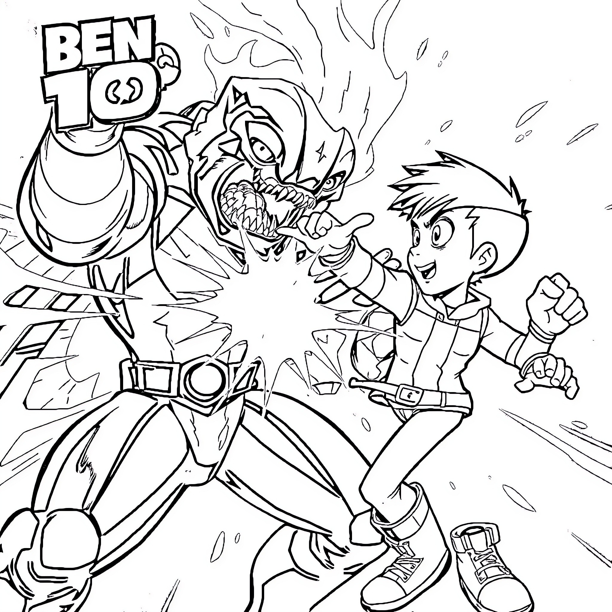 Fight between characters in Ben 10 action scene Coloring Page (free black-and-white line drawing printable PDF for all, from beginners to advanced learners, including children, teens, adults, and seniors)