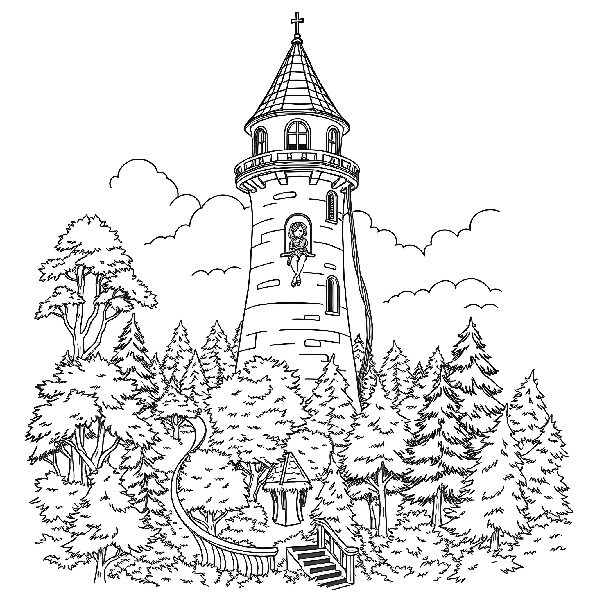 Rapunzel in the enchanted tower among the forest trees Coloring Page (free black-and-white line drawing printable PDF for all, from beginners to advanced learners, including children, teens, adults, and seniors)