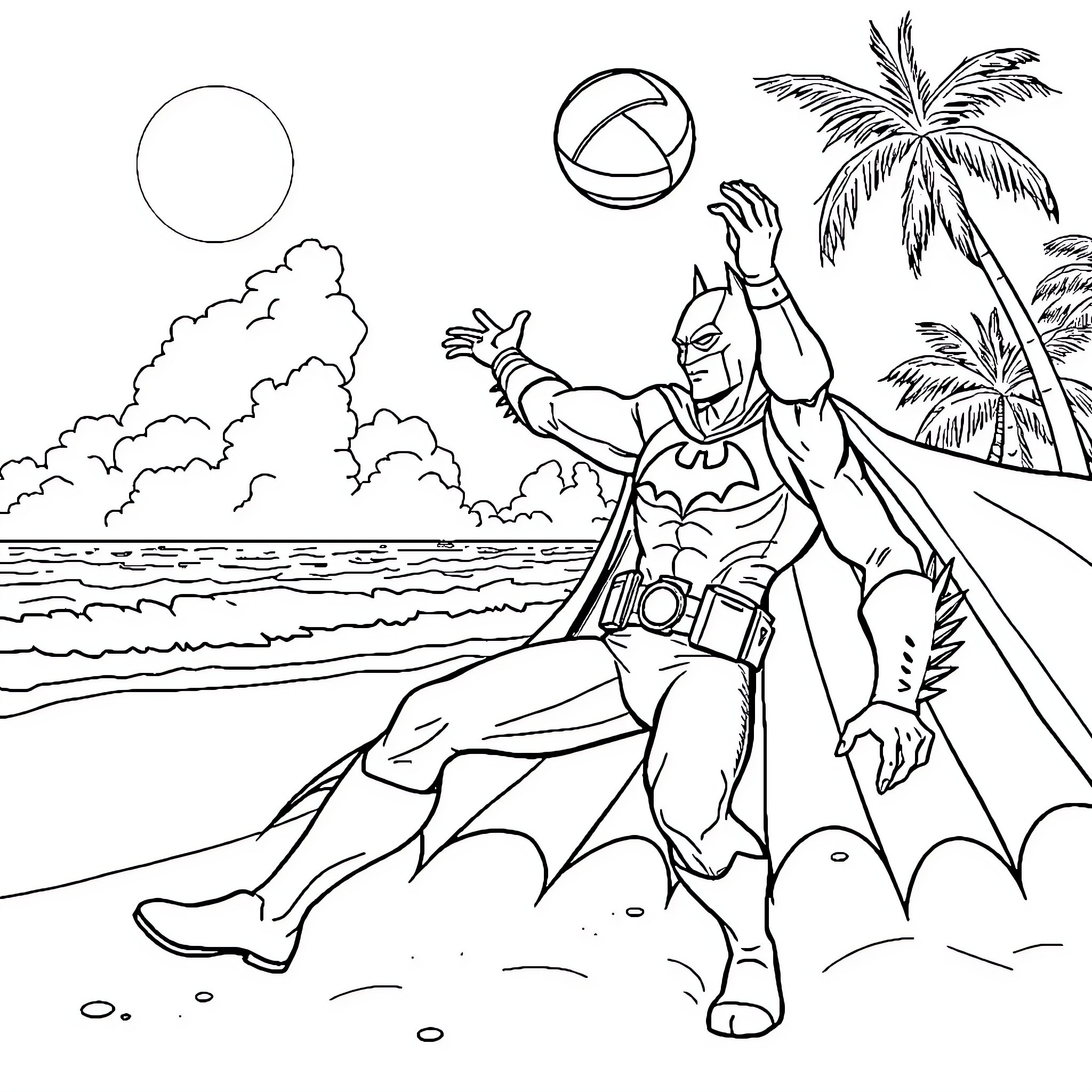 Batman enjoying the beach with action and adventure Coloring Page (free black-and-white line drawing printable PDF for all, from beginners to advanced learners, including children, teens, adults, and seniors)